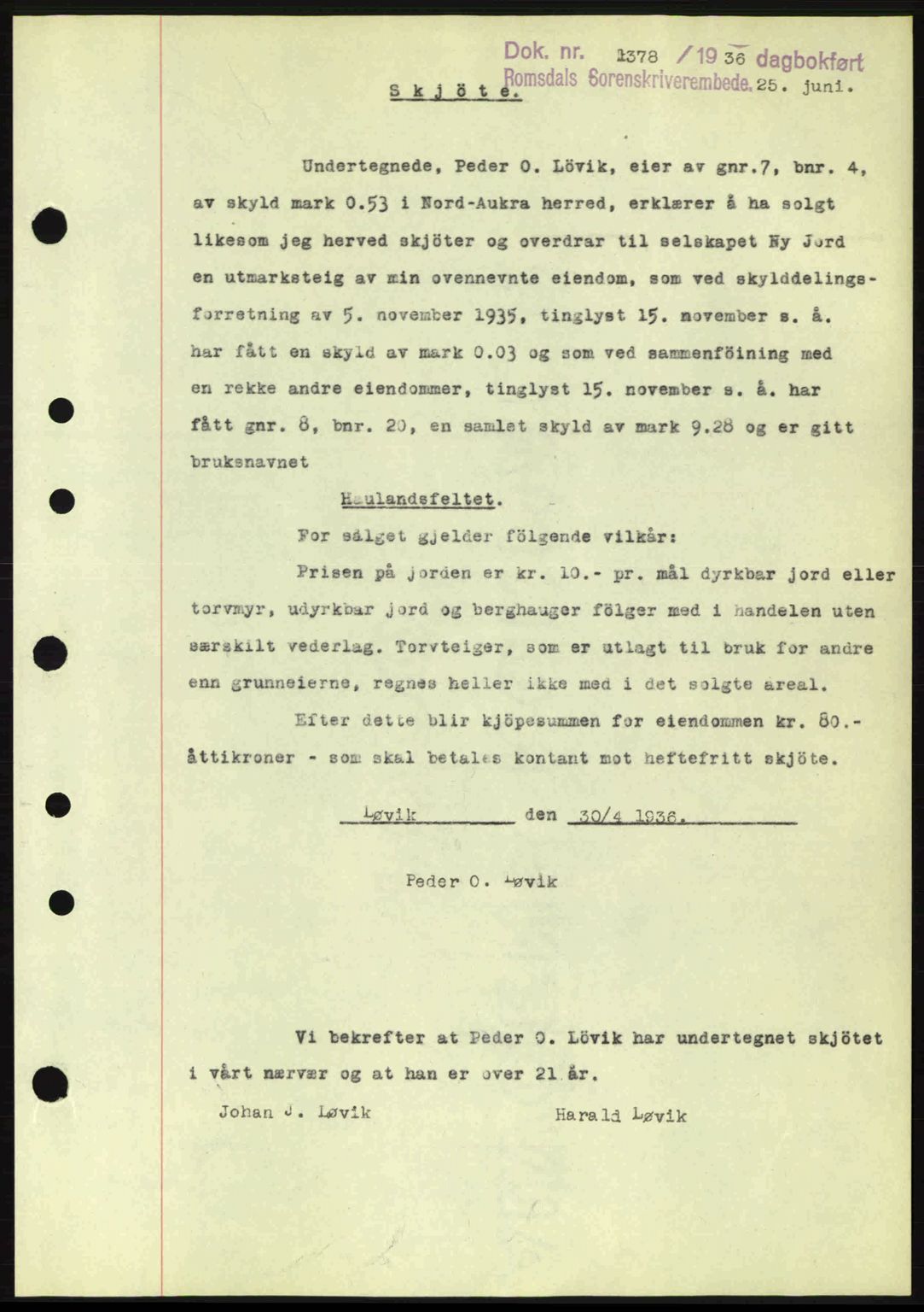 Romsdal sorenskriveri, SAT/A-4149/1/2/2C: Pantebok nr. A1, 1936-1936, Dagboknr: 1378/1936