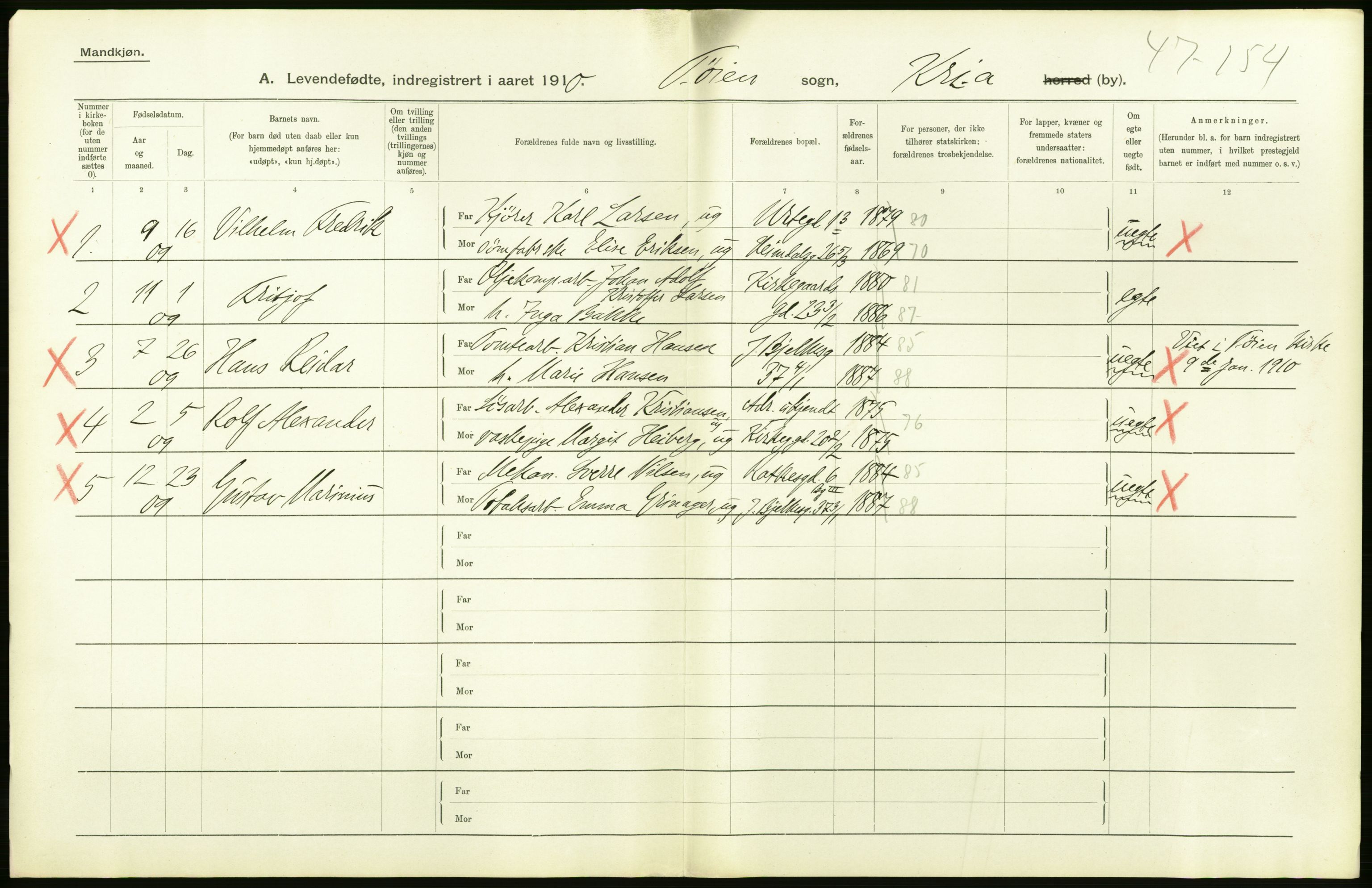 Statistisk sentralbyrå, Sosiodemografiske emner, Befolkning, AV/RA-S-2228/D/Df/Dfa/Dfah/L0006: Kristiania: Levendefødte menn., 1910, s. 26