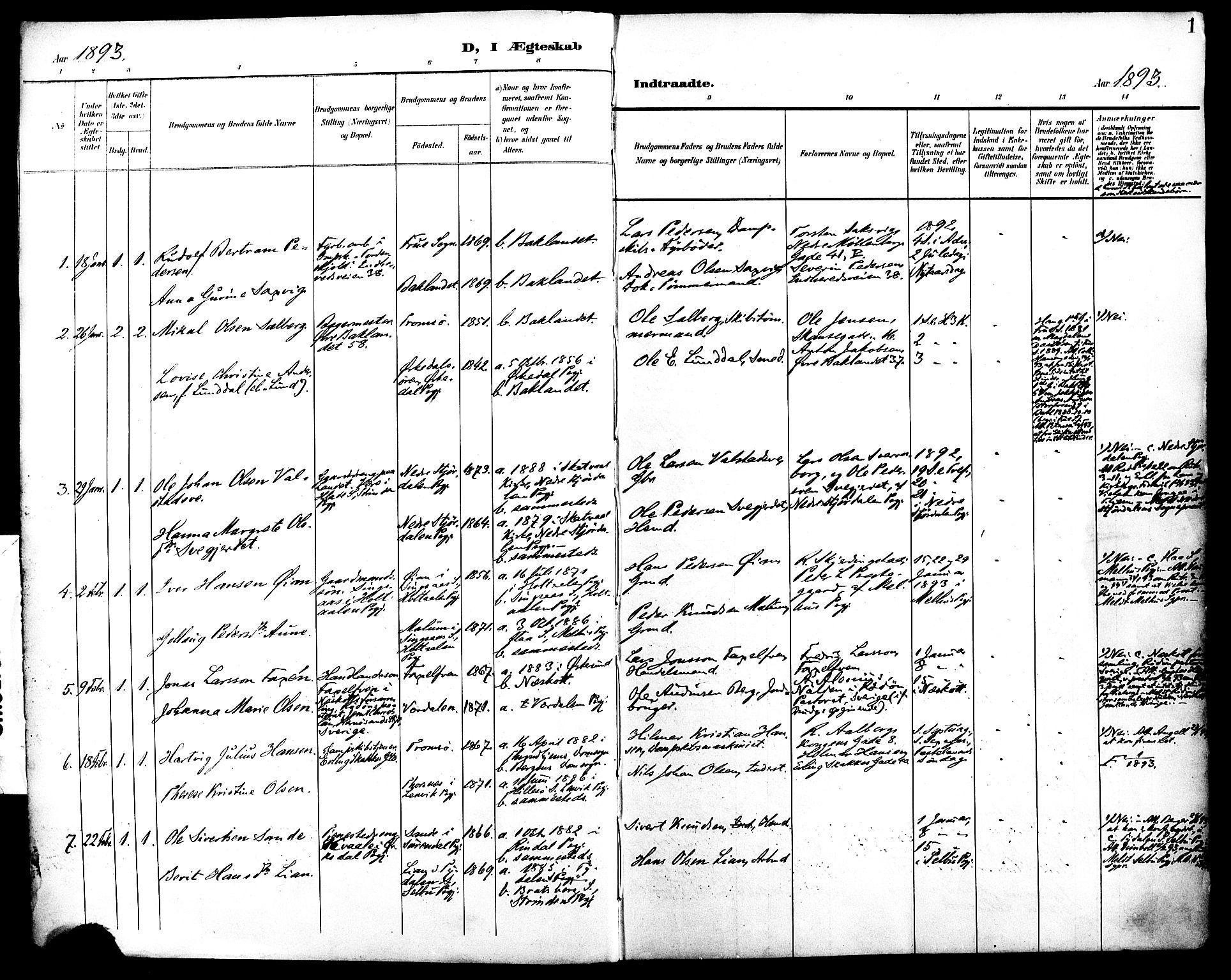 Ministerialprotokoller, klokkerbøker og fødselsregistre - Sør-Trøndelag, SAT/A-1456/604/L0198: Ministerialbok nr. 604A19, 1893-1900, s. 1