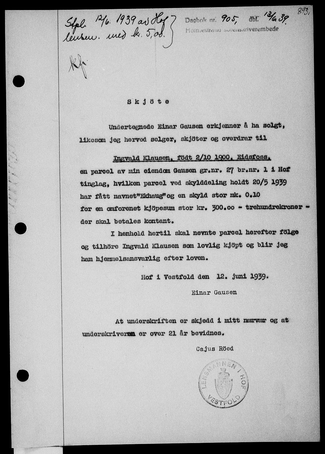 Holmestrand sorenskriveri, SAKO/A-67/G/Ga/Gaa/L0050: Pantebok nr. A-50, 1938-1939, Dagboknr: 905/1939