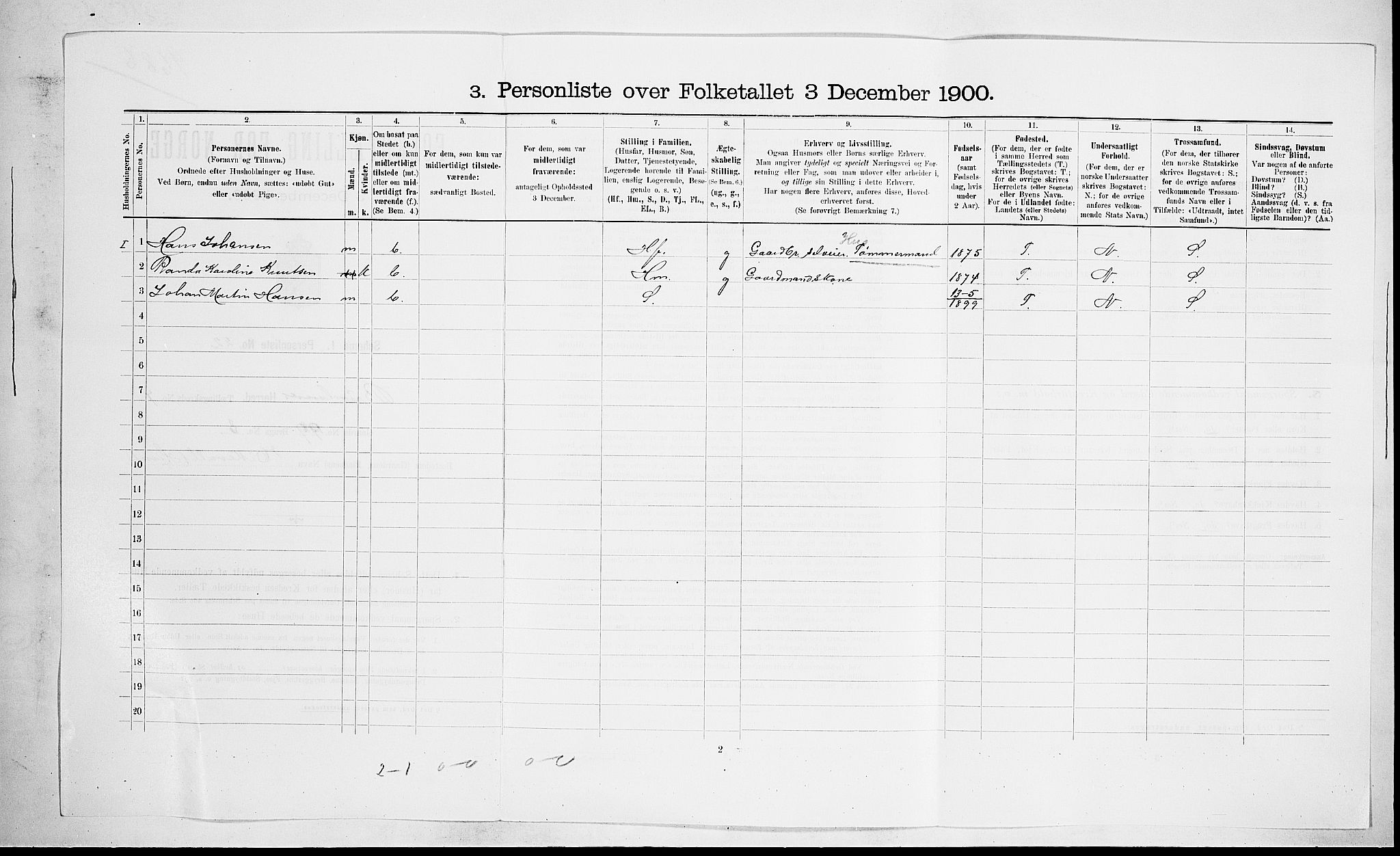 RA, Folketelling 1900 for 0726 Brunlanes herred, 1900, s. 1051