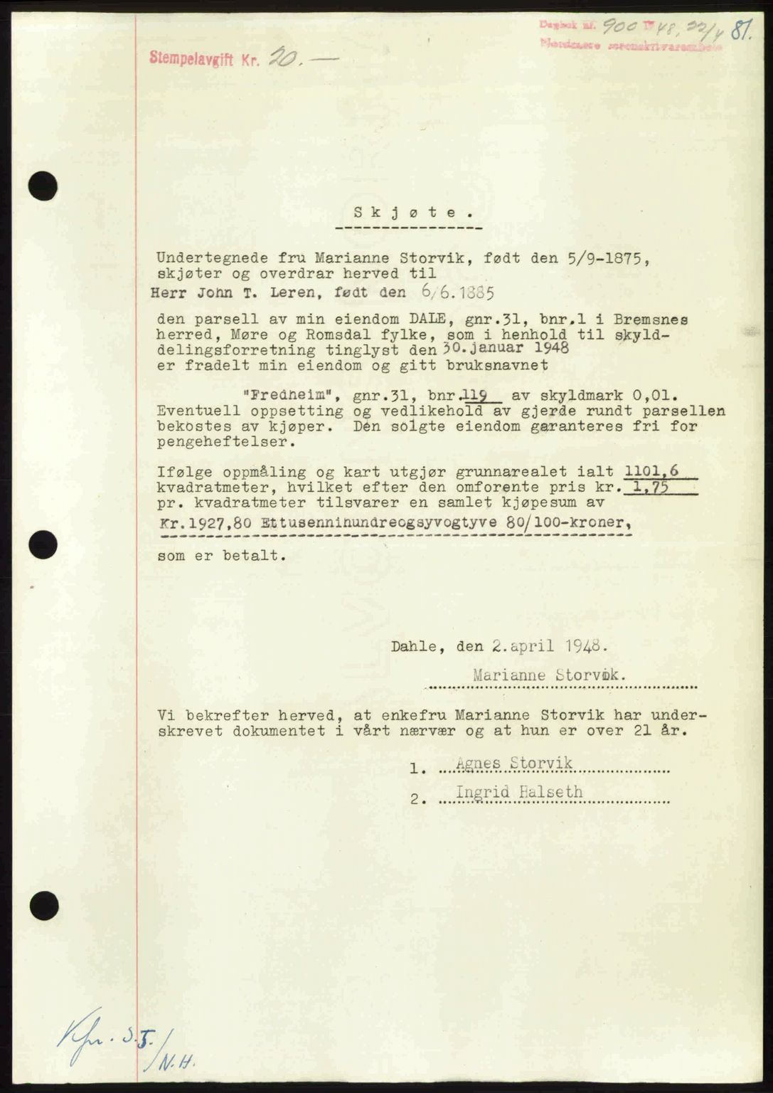 Nordmøre sorenskriveri, SAT/A-4132/1/2/2Ca: Pantebok nr. A108, 1948-1948, Dagboknr: 900/1948
