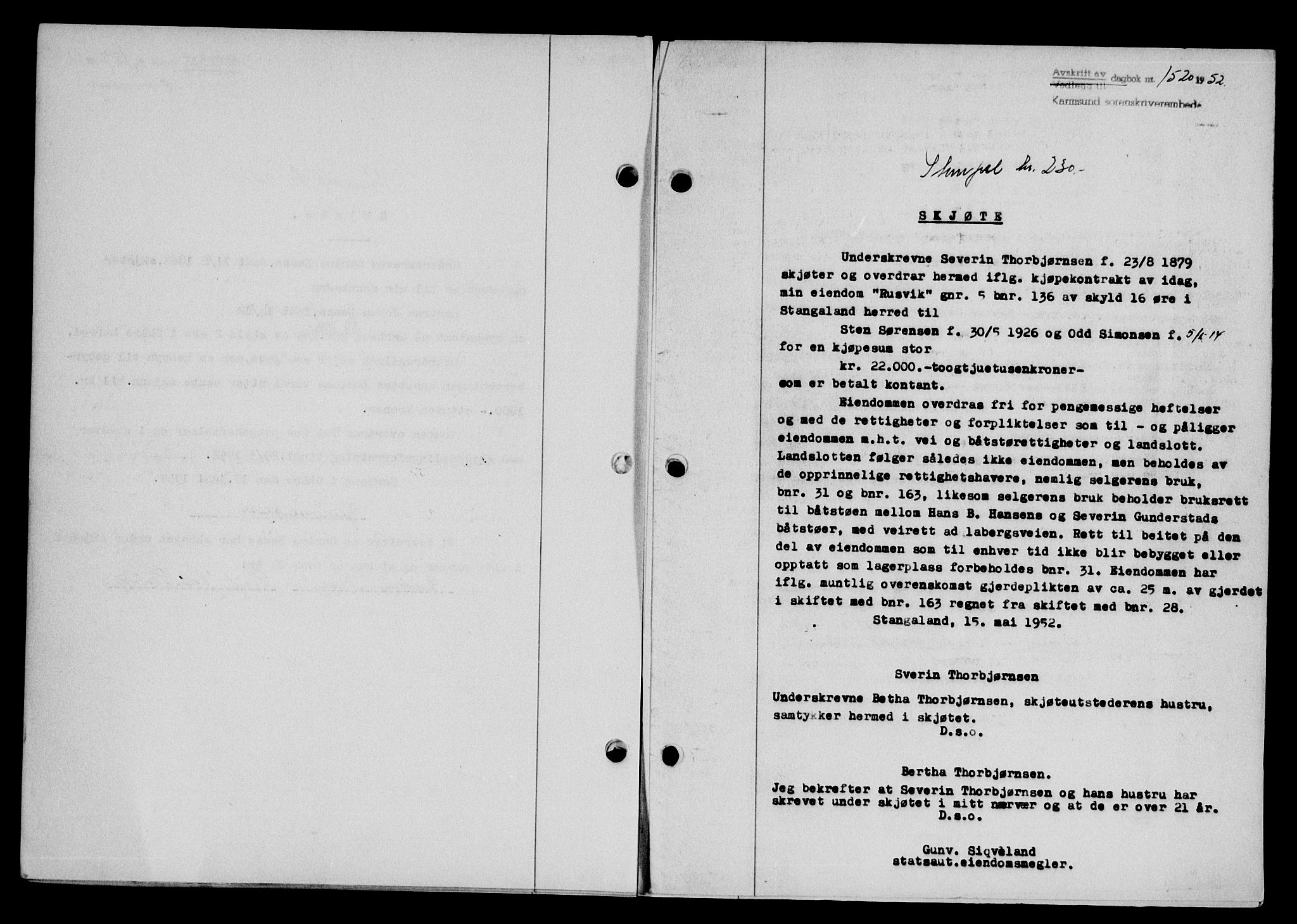 Karmsund sorenskriveri, SAST/A-100311/01/II/IIB/L0105: Pantebok nr. 85A, 1952-1952, Dagboknr: 1520/1952