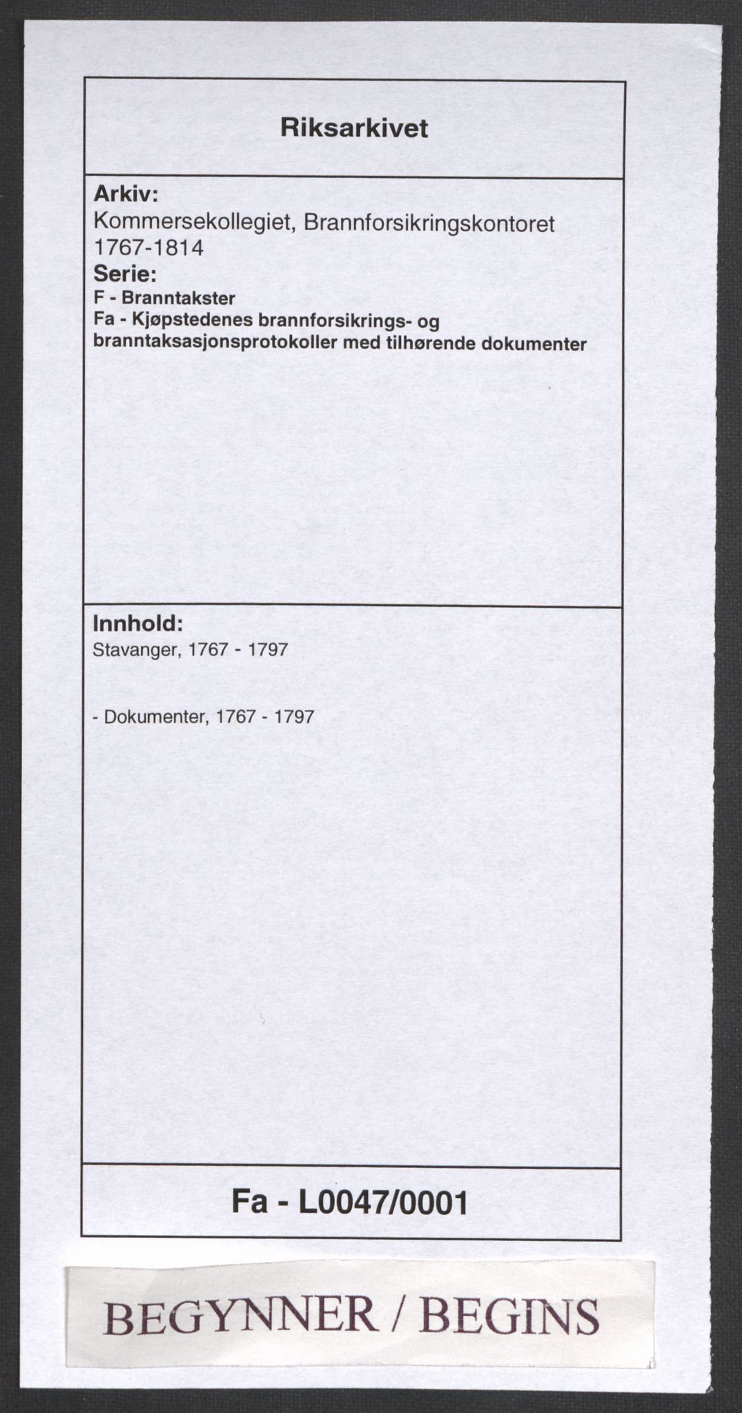 Kommersekollegiet, Brannforsikringskontoret 1767-1814, AV/RA-EA-5458/F/Fa/L0047/0001: Stavanger / Dokumenter, 1767-1797