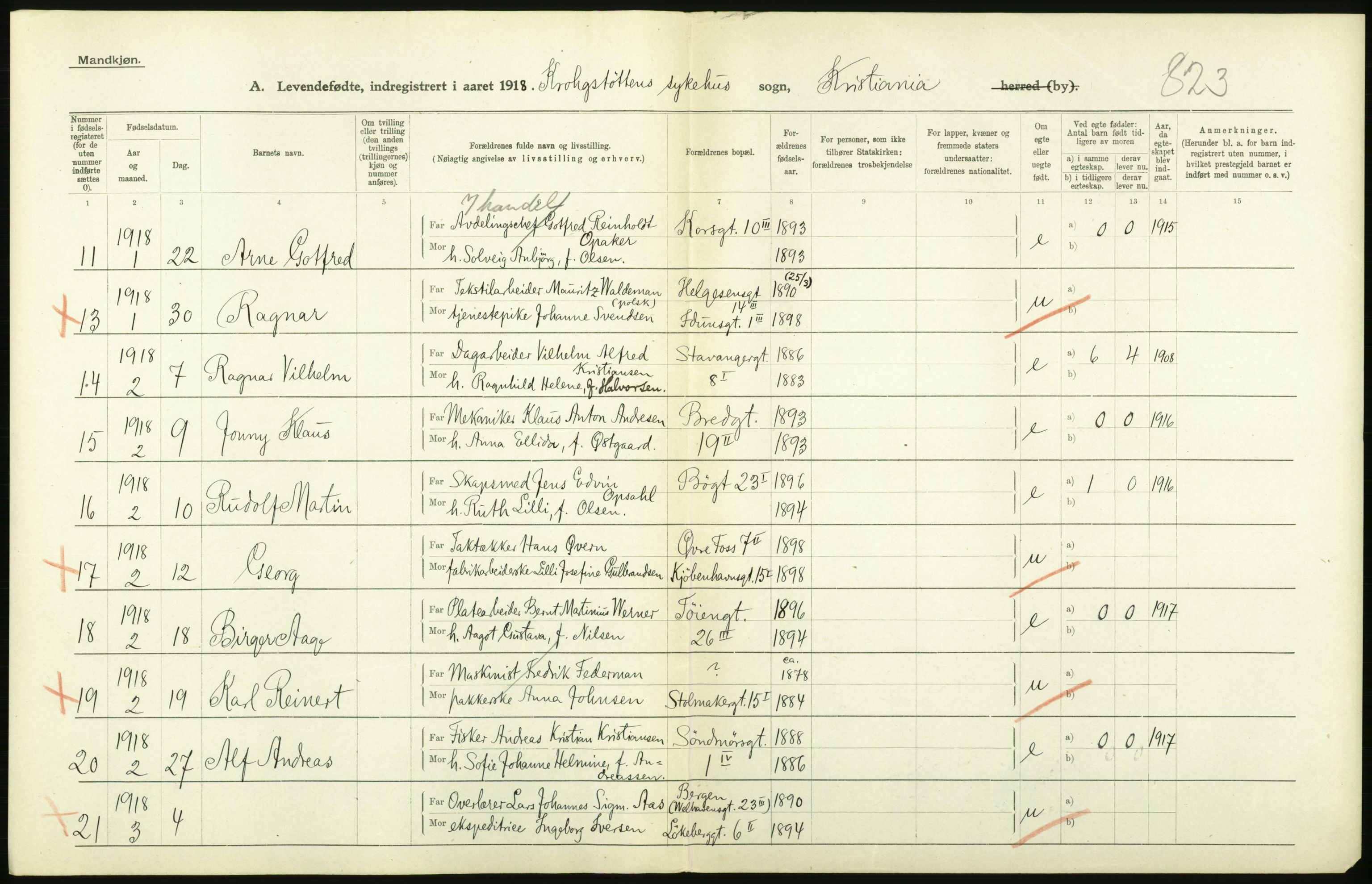 Statistisk sentralbyrå, Sosiodemografiske emner, Befolkning, AV/RA-S-2228/D/Df/Dfb/Dfbh/L0008: Kristiania: Levendefødte menn og kvinner., 1918, s. 236