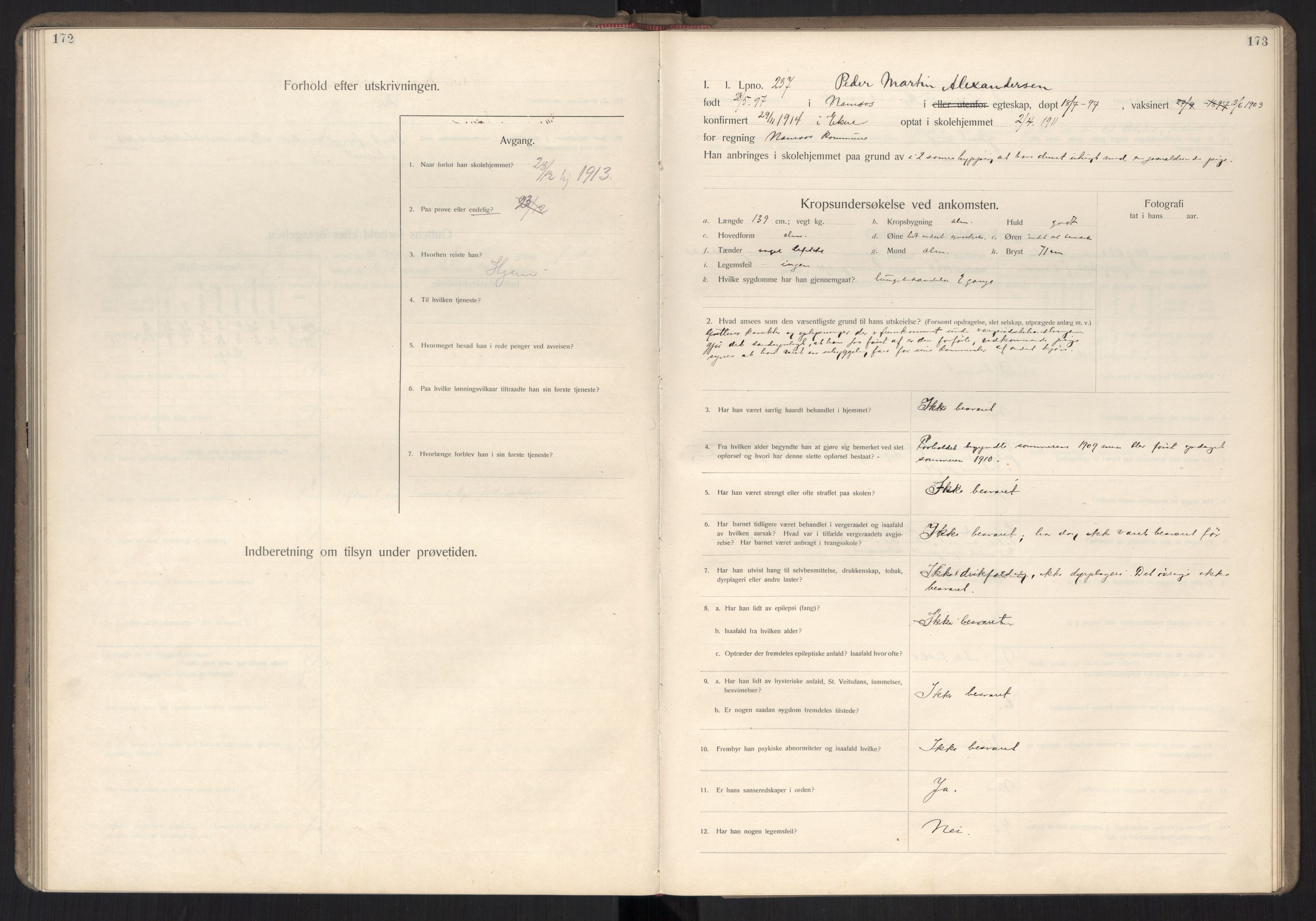 Falstad skolehjem, RA/S-1676/E/Ea/L0007: Elevprotokoll nr. 3 løpenr. 194-268, 1909-1913, s. 172-173