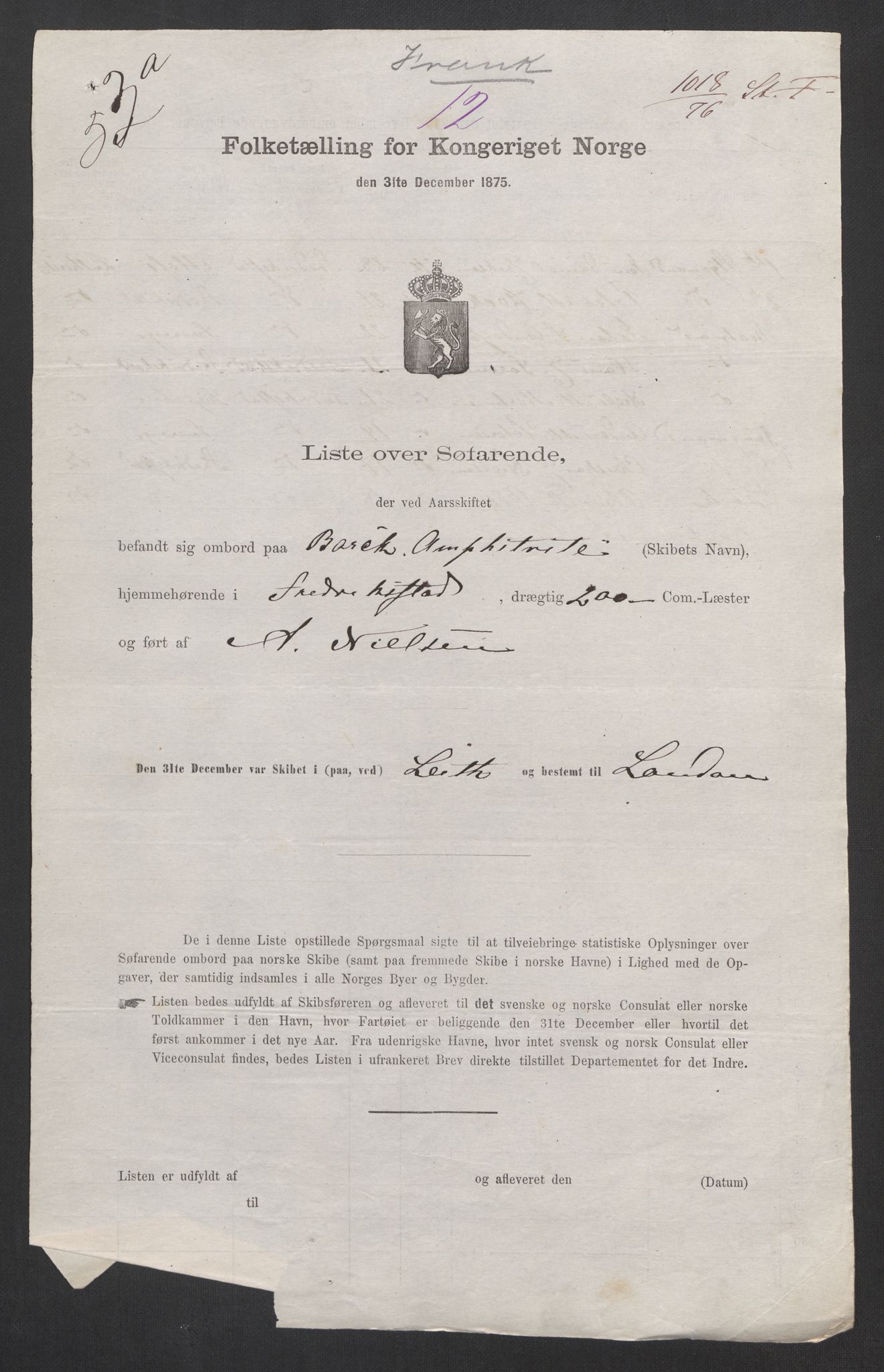 RA, Folketelling 1875, skipslister: Skip i utenrikske havner, hjemmehørende i byer og ladesteder, Fredrikshald - Arendal, 1875, s. 60