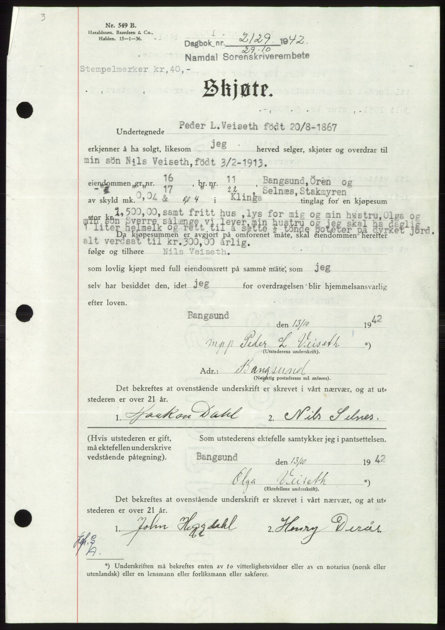 Namdal sorenskriveri, SAT/A-4133/1/2/2C: Pantebok nr. -, 1942-1943, Dagboknr: 2129/1942