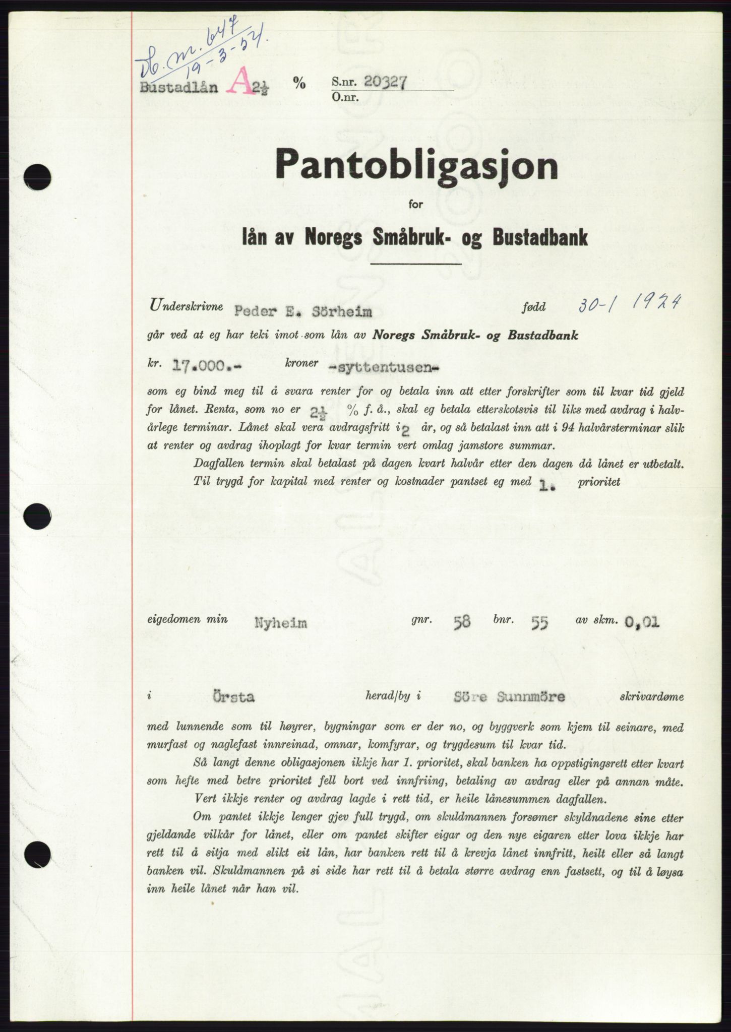 Søre Sunnmøre sorenskriveri, SAT/A-4122/1/2/2C/L0124: Pantebok nr. 12B, 1953-1954, Dagboknr: 647/1954
