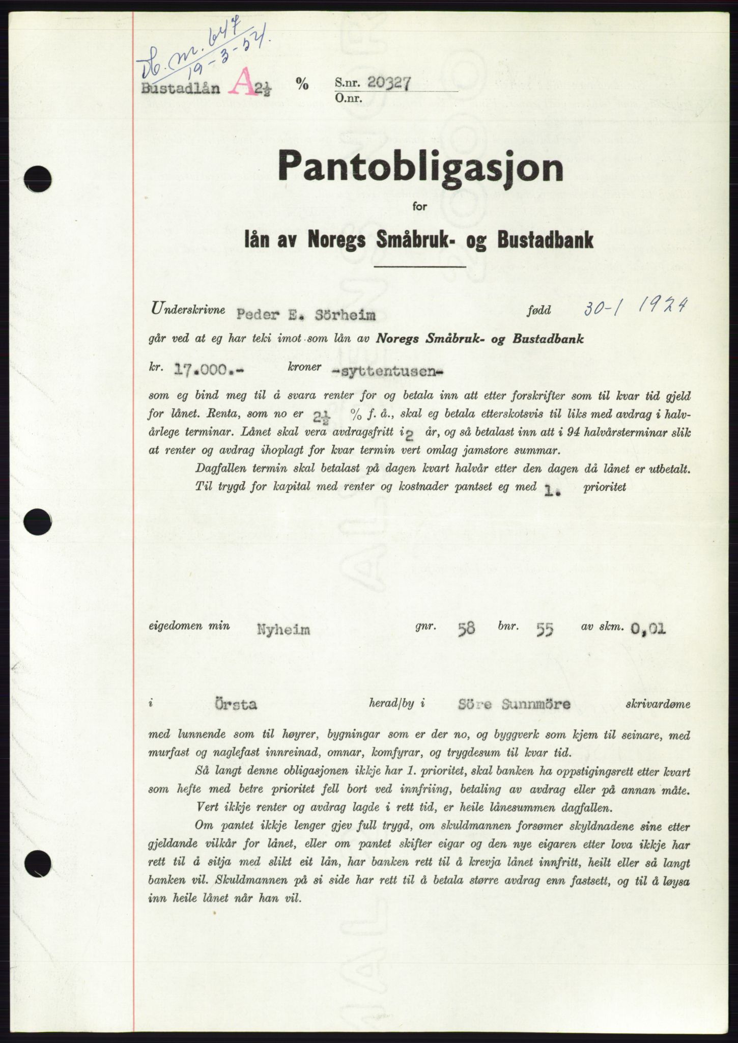 Søre Sunnmøre sorenskriveri, AV/SAT-A-4122/1/2/2C/L0124: Pantebok nr. 12B, 1953-1954, Dagboknr: 647/1954