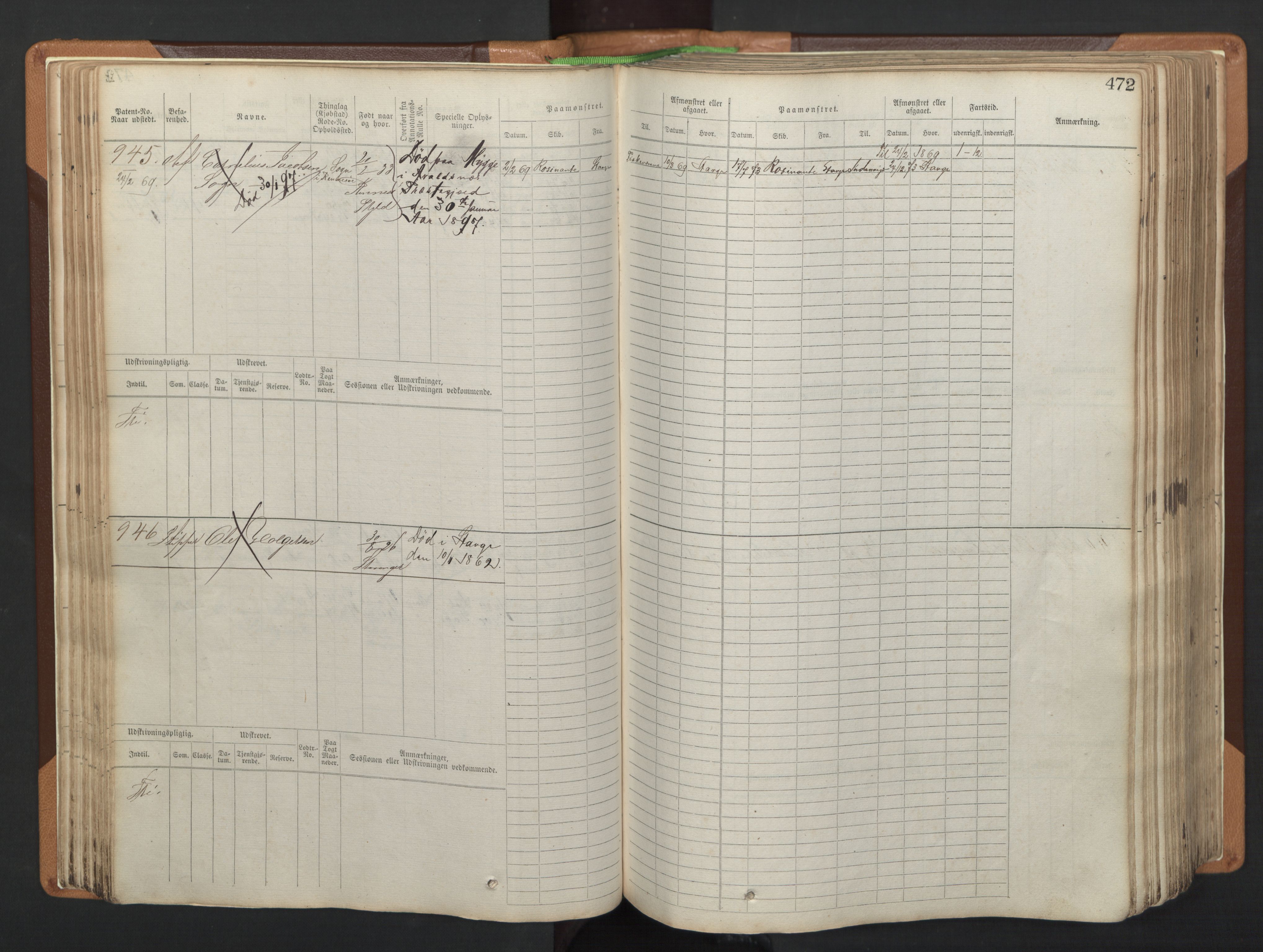 Stavanger sjømannskontor, AV/SAST-A-102006/F/Fb/Fbb/L0005: Sjøfartshovedrulle, patentnr. 793-1606 (del 2), 1869-1880, s. 82