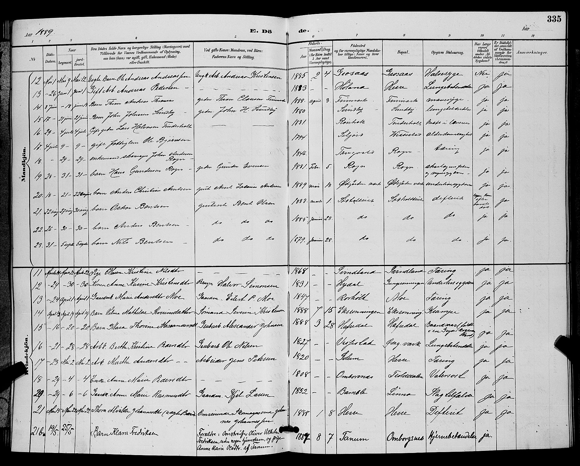 Bamble kirkebøker, AV/SAKO-A-253/G/Ga/L0009: Klokkerbok nr. I 9, 1888-1900, s. 335