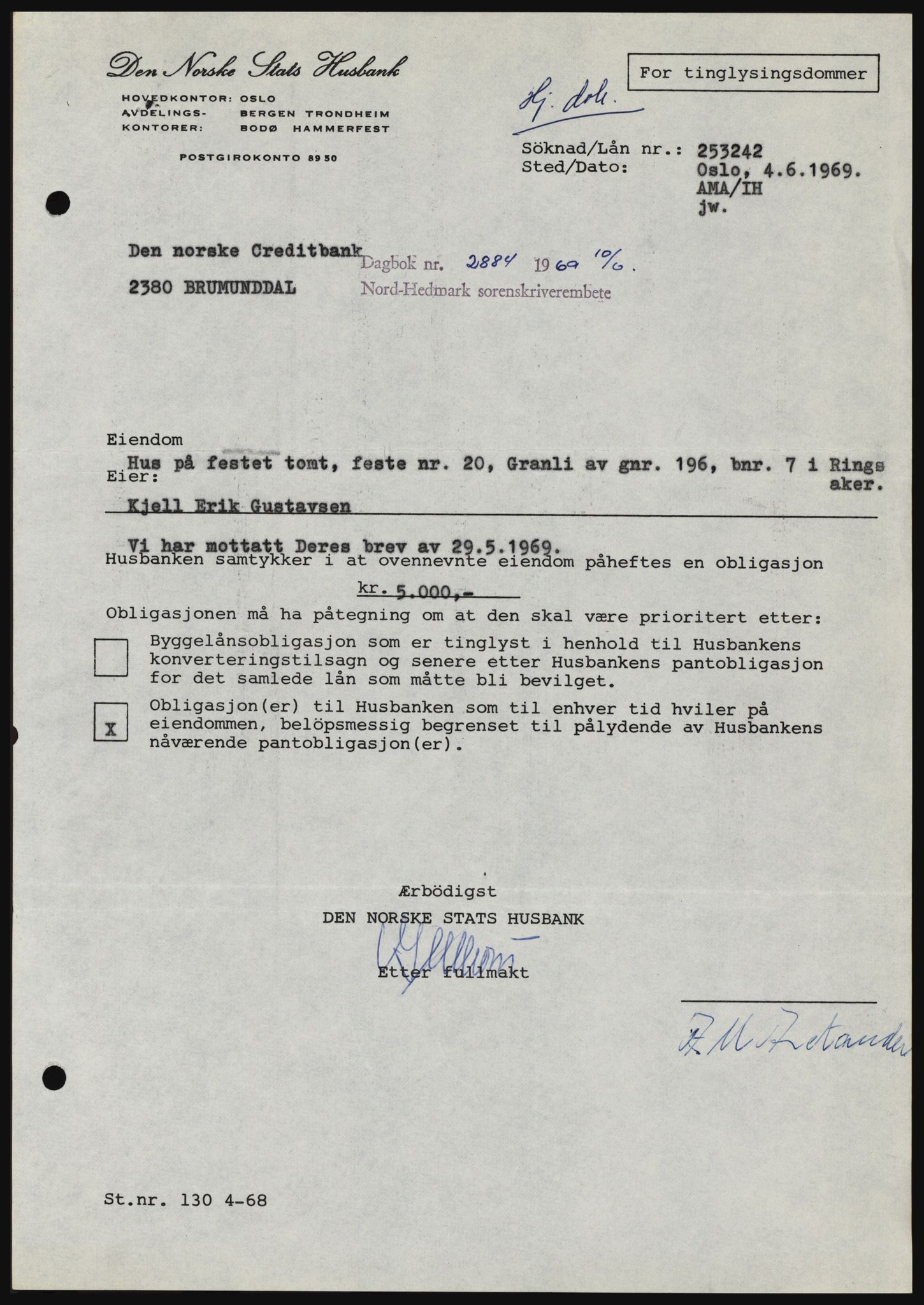 Nord-Hedmark sorenskriveri, SAH/TING-012/H/Hc/L0030: Pantebok nr. 30, 1969-1969, Dagboknr: 2884/1969