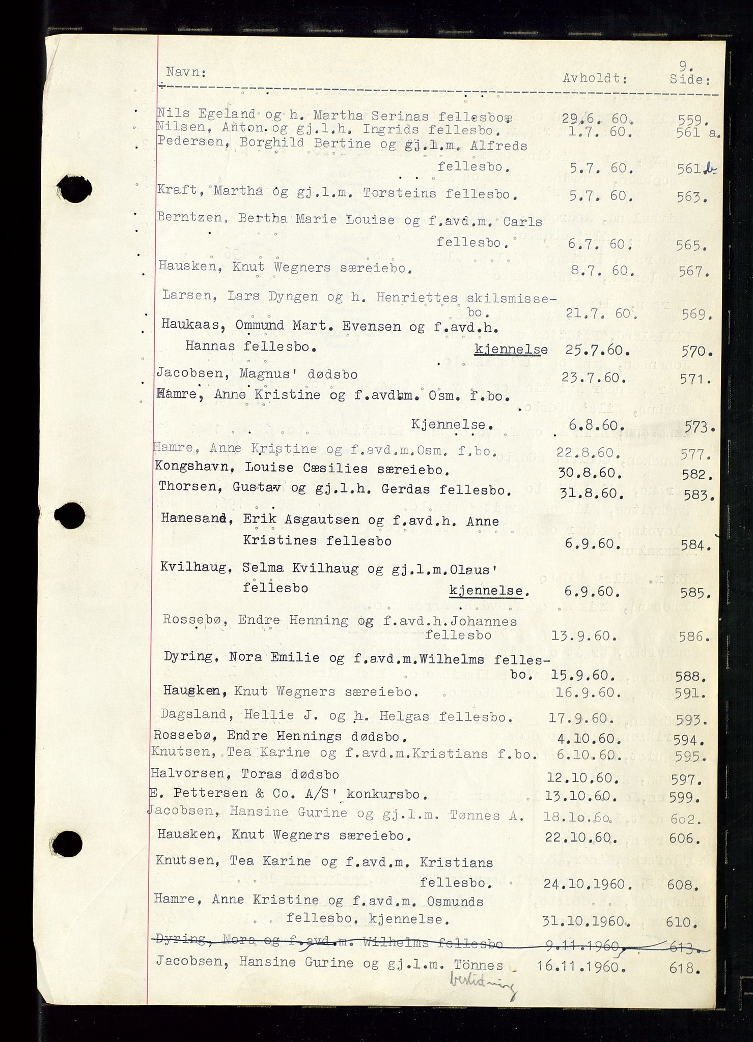 Haugesund tingrett, AV/SAST-A-101415/01/IV/IVC/L0009: Skifteforhandlingsprotokoll, med register, 1953-1965, s. 9