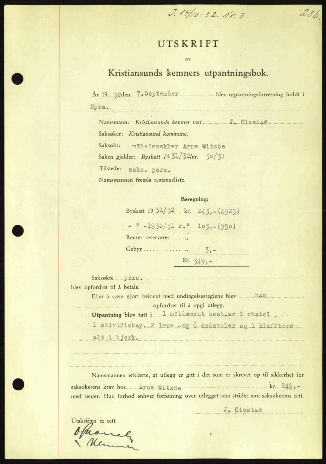 Kristiansund byfogd, AV/SAT-A-4587/A/27: Pantebok nr. 26, 1931-1933, Tingl.dato: 14.10.1932