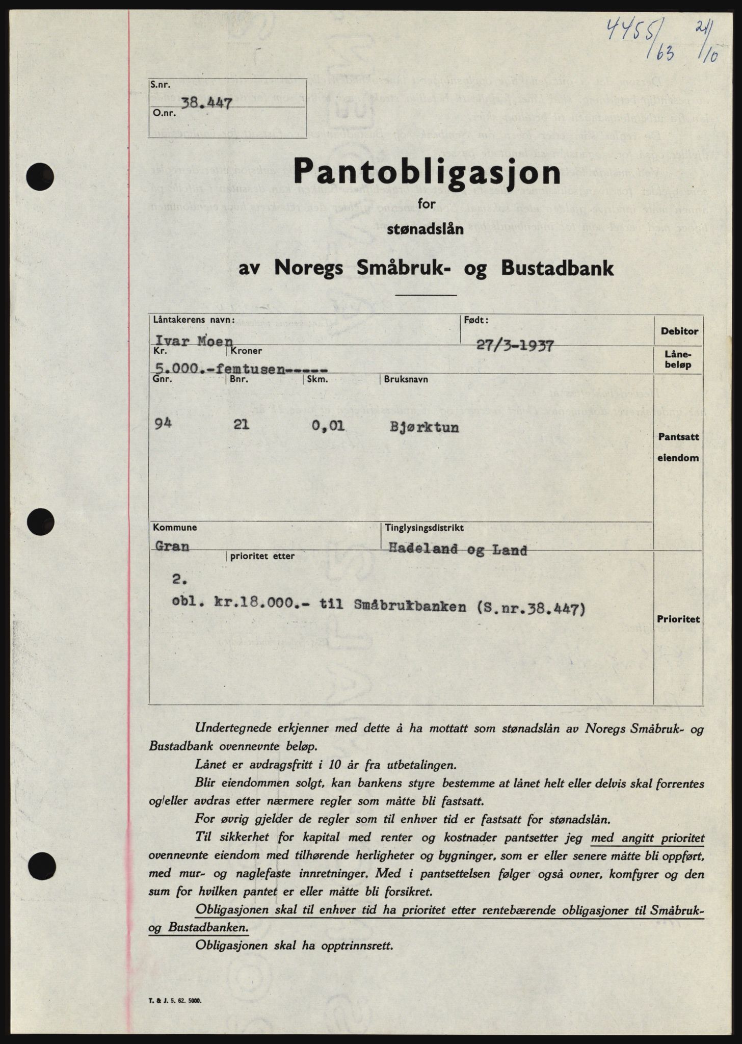 Hadeland og Land tingrett, SAH/TING-010/H/Hb/Hbc/L0053: Pantebok nr. B53, 1963-1964, Dagboknr: 4455/1963