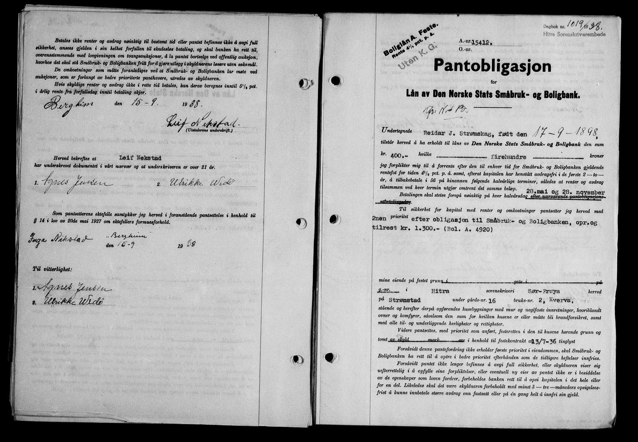 Hitra sorenskriveri, AV/SAT-A-0018/2/2C/2Ca/L0028: Pantebok nr. B-1, 1936-1939, Dagboknr: 1019/1938