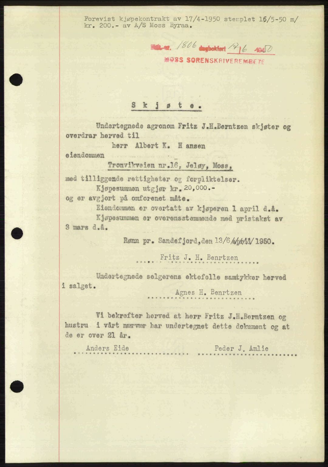 Moss sorenskriveri, SAO/A-10168: Pantebok nr. A26, 1950-1950, Dagboknr: 1806/1950