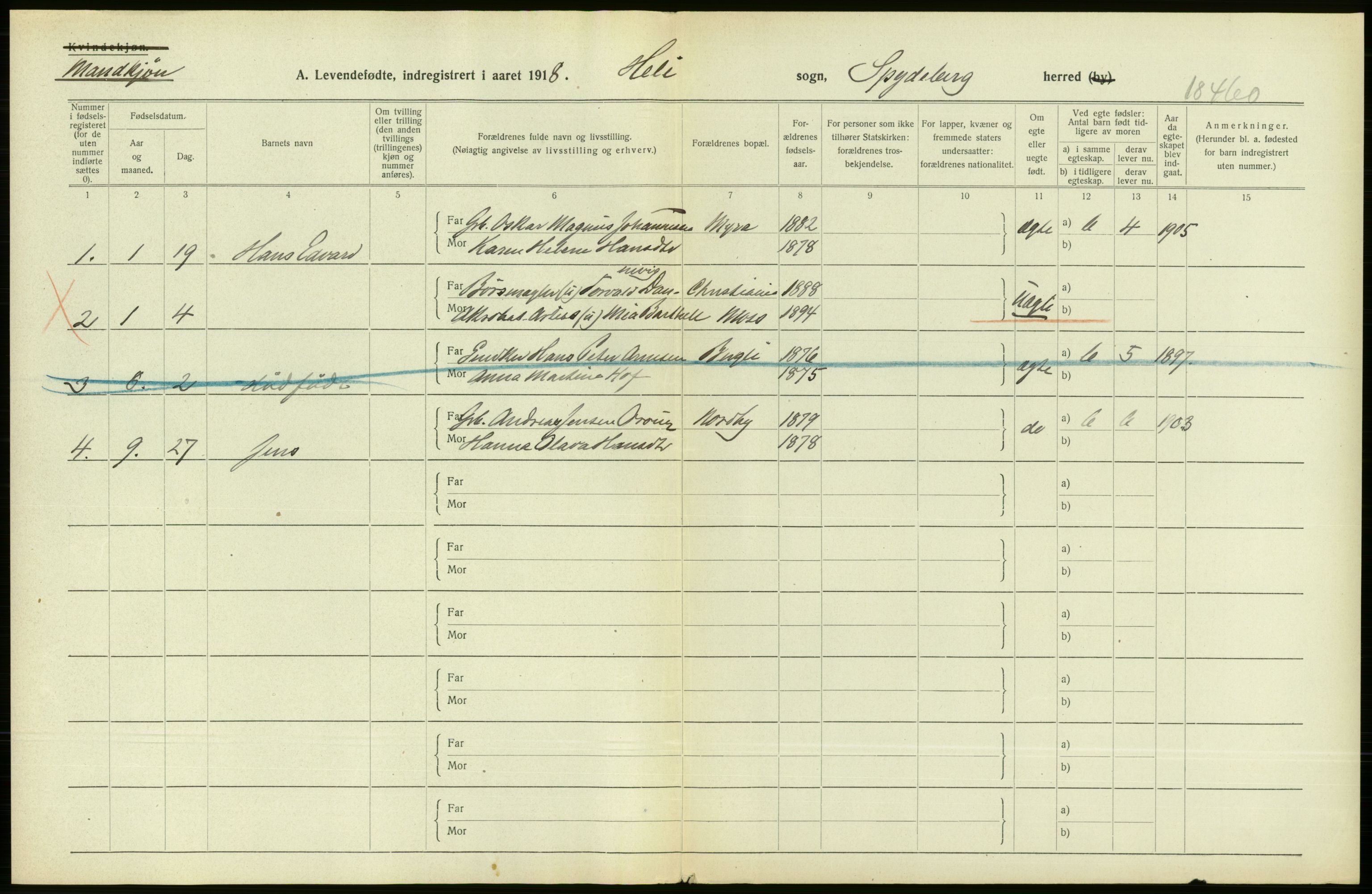 Statistisk sentralbyrå, Sosiodemografiske emner, Befolkning, RA/S-2228/D/Df/Dfb/Dfbh/L0001: Østfold fylke: Levendefødte menn og kvinner. Bygder., 1918, s. 322