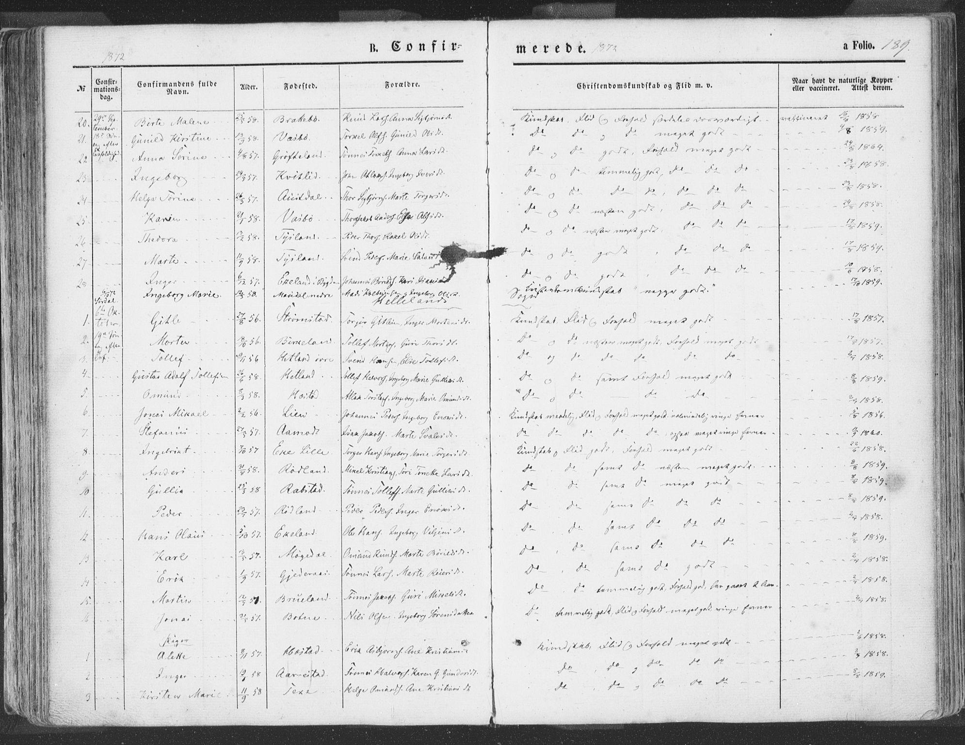 Helleland sokneprestkontor, SAST/A-101810: Ministerialbok nr. A 7.1, 1863-1886, s. 189