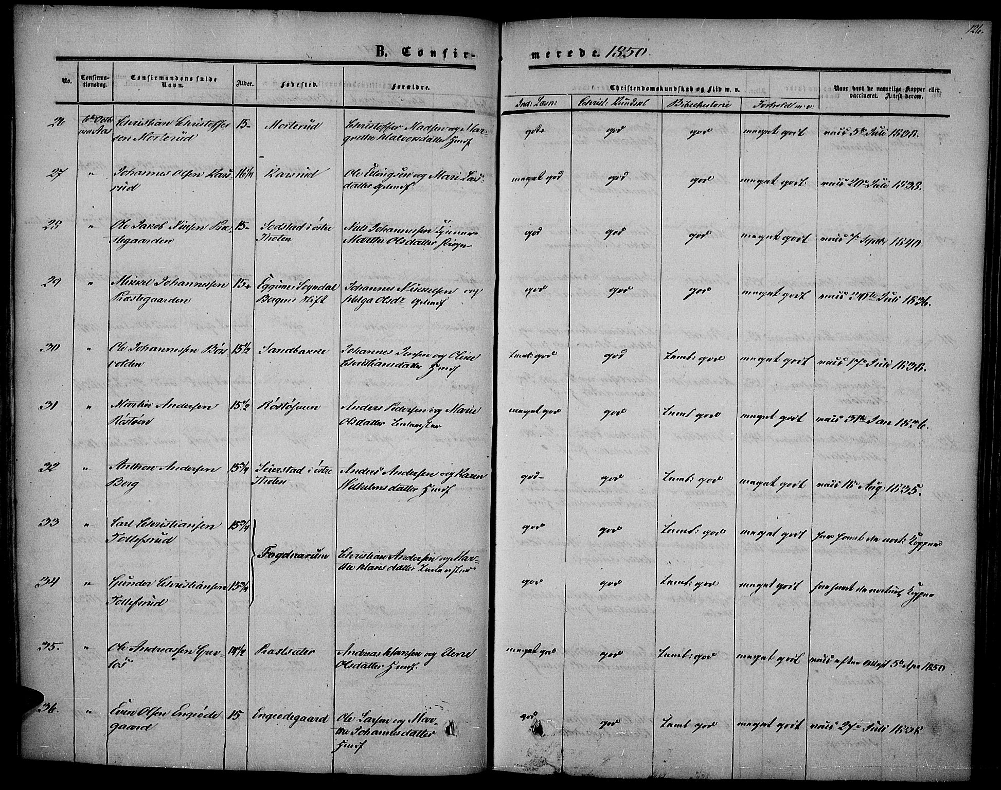 Vestre Toten prestekontor, SAH/PREST-108/H/Ha/Haa/L0005: Ministerialbok nr. 5, 1850-1855, s. 126