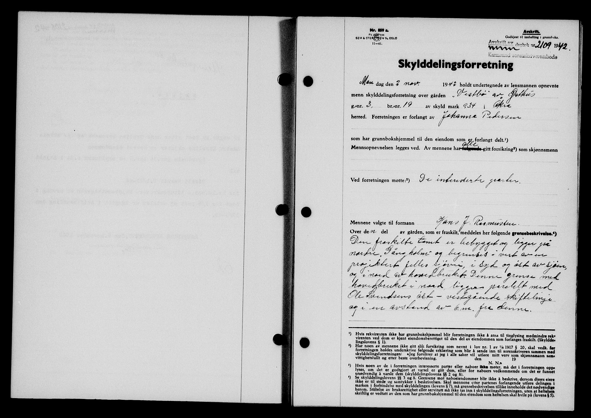 Karmsund sorenskriveri, SAST/A-100311/01/II/IIB/L0079: Pantebok nr. 60A, 1942-1943, Dagboknr: 2109/1942