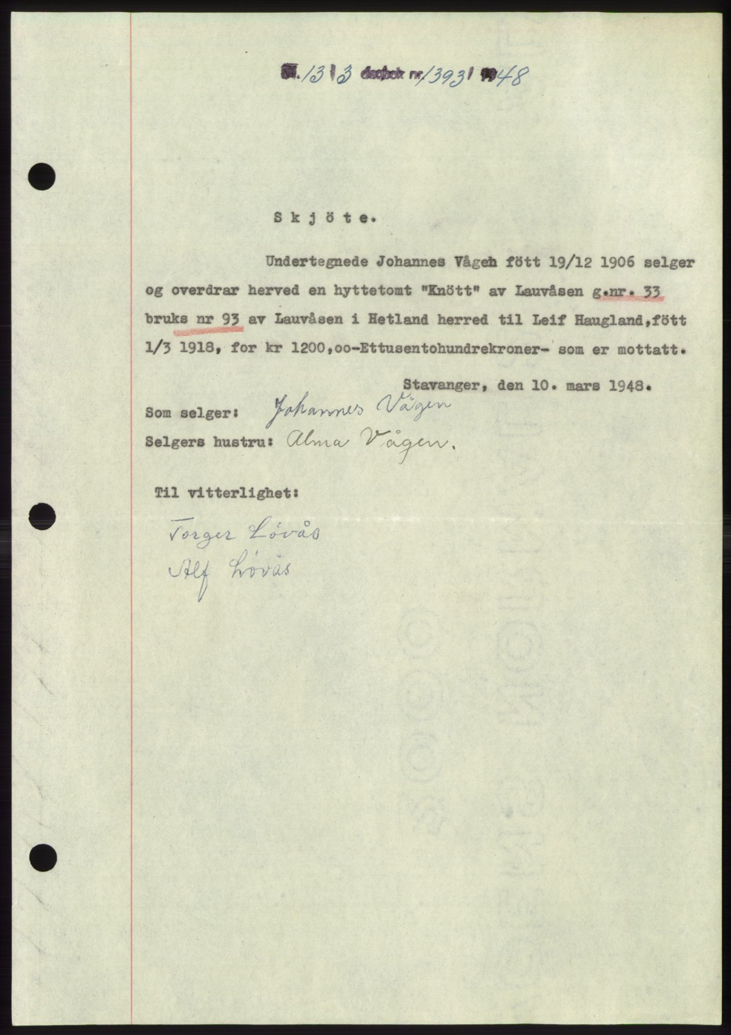 Jæren sorenskriveri, SAST/A-100310/03/G/Gba/L0098: Pantebok, 1948-1948, Dagboknr: 1393/1948