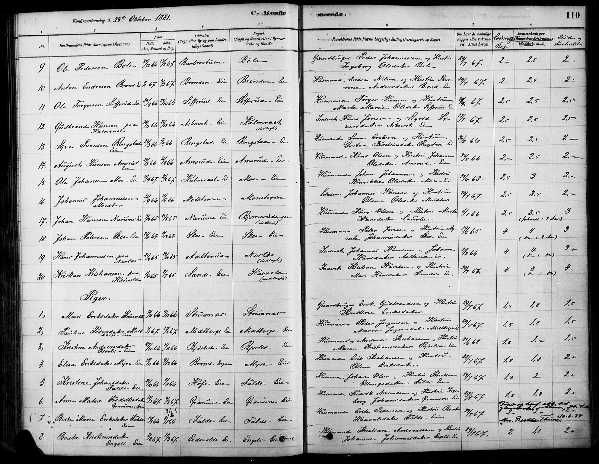 Søndre Land prestekontor, AV/SAH-PREST-122/K/L0003: Ministerialbok nr. 3, 1878-1894, s. 110