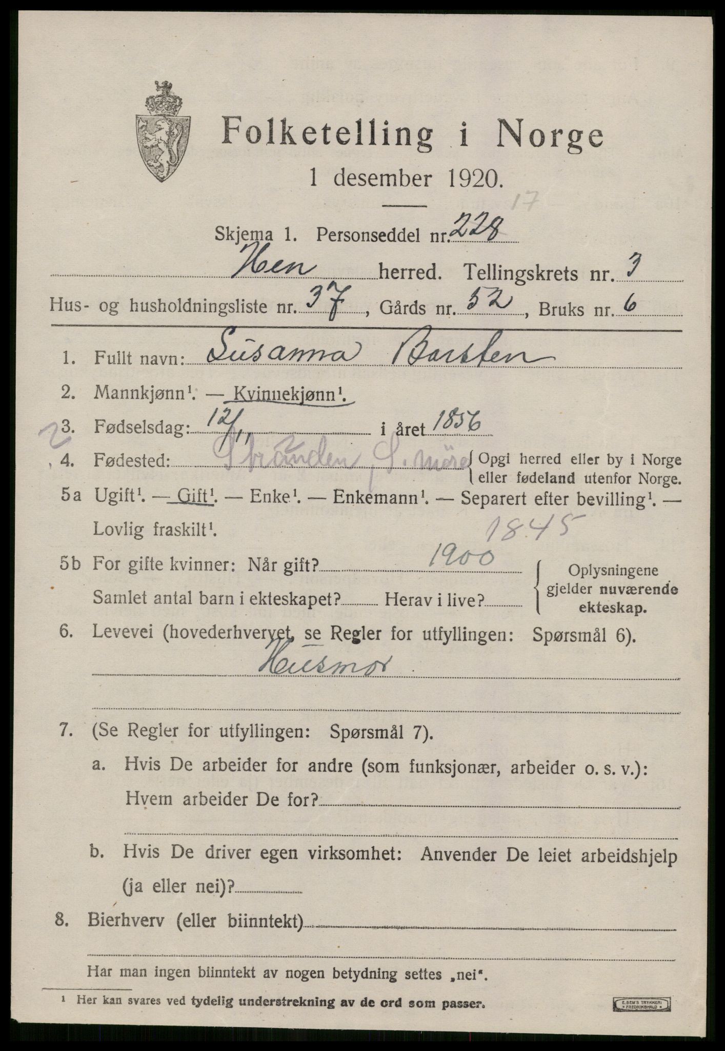 SAT, Folketelling 1920 for 1540 Hen herred, 1920, s. 1882