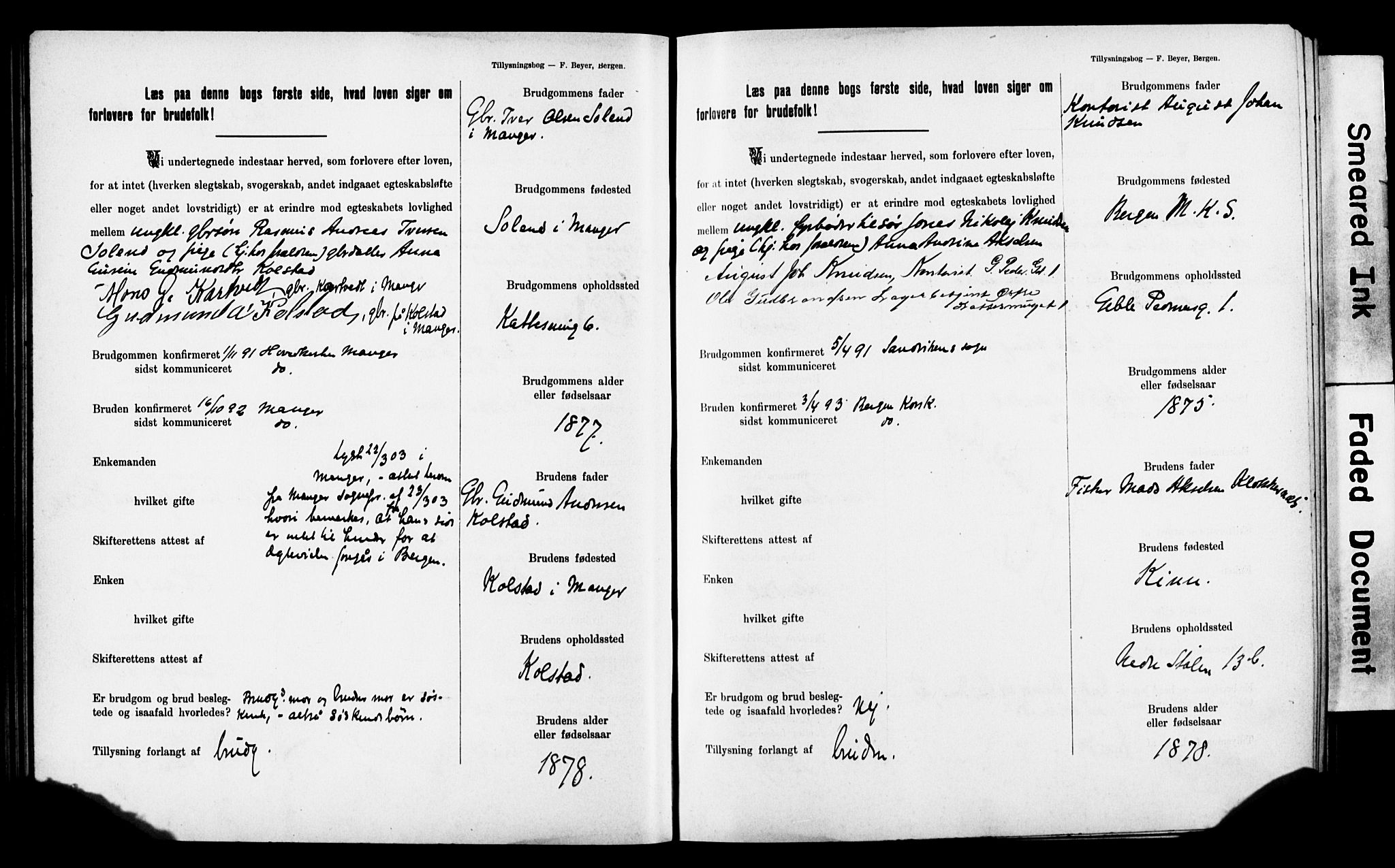 Mariakirken Sokneprestembete, AV/SAB-A-76901: Forlovererklæringer nr. II.5.2, 1901-1909, s. 47