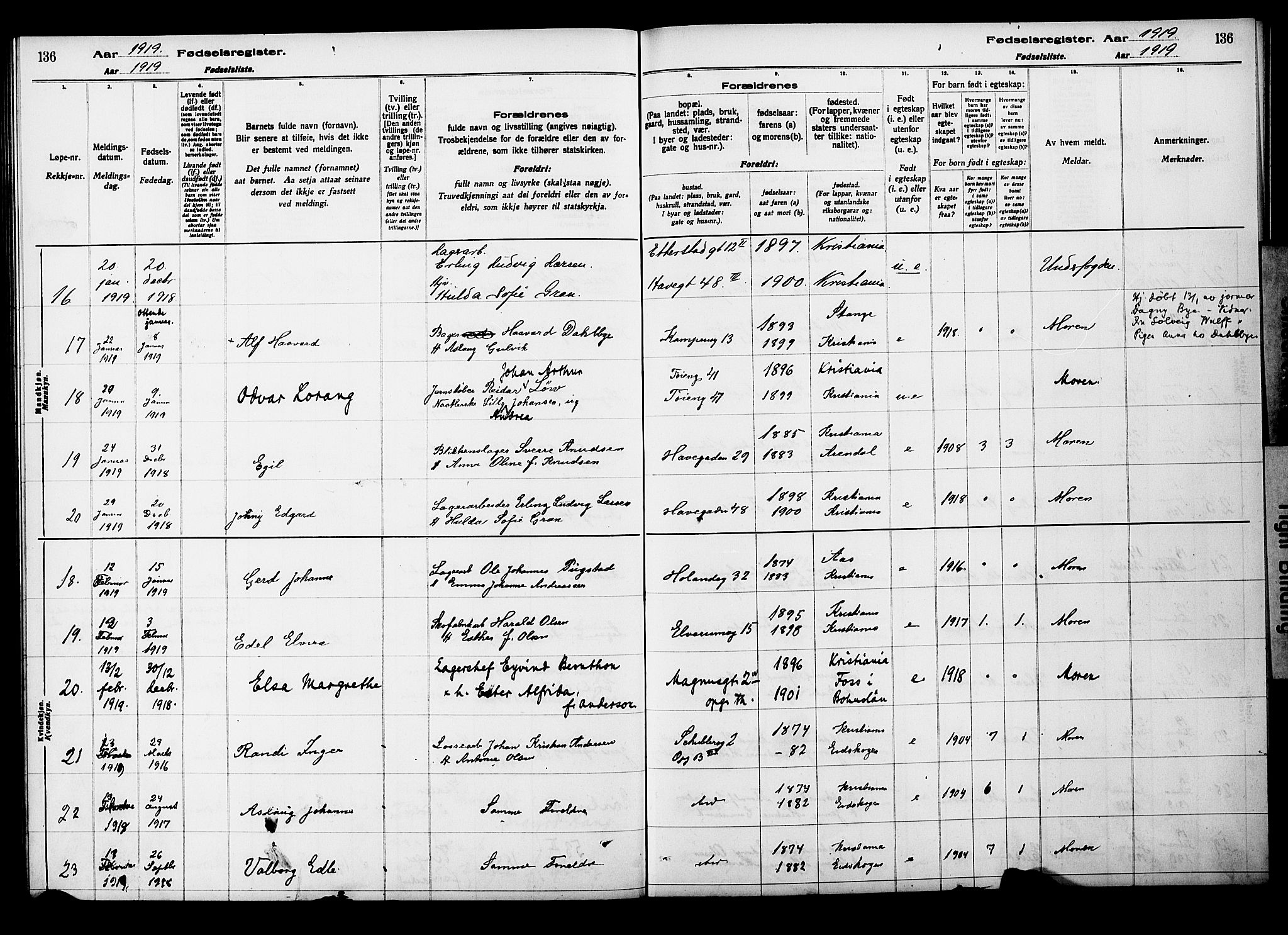 Kampen prestekontor Kirkebøker, AV/SAO-A-10853/J/Ja/L0001: Fødselsregister nr. 1, 1916-1920, s. 136