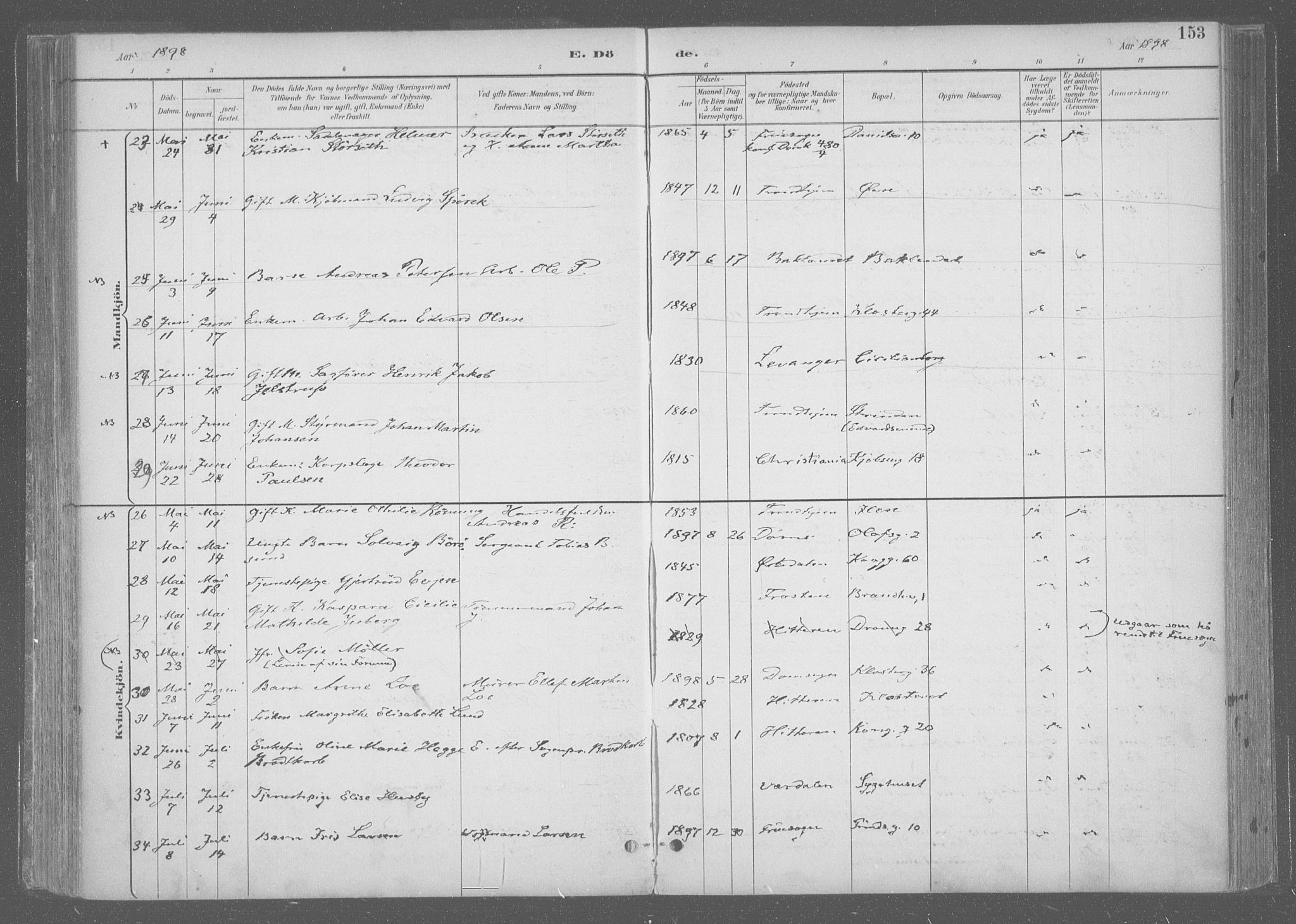Ministerialprotokoller, klokkerbøker og fødselsregistre - Sør-Trøndelag, SAT/A-1456/601/L0064: Ministerialbok nr. 601A31, 1891-1911, s. 153