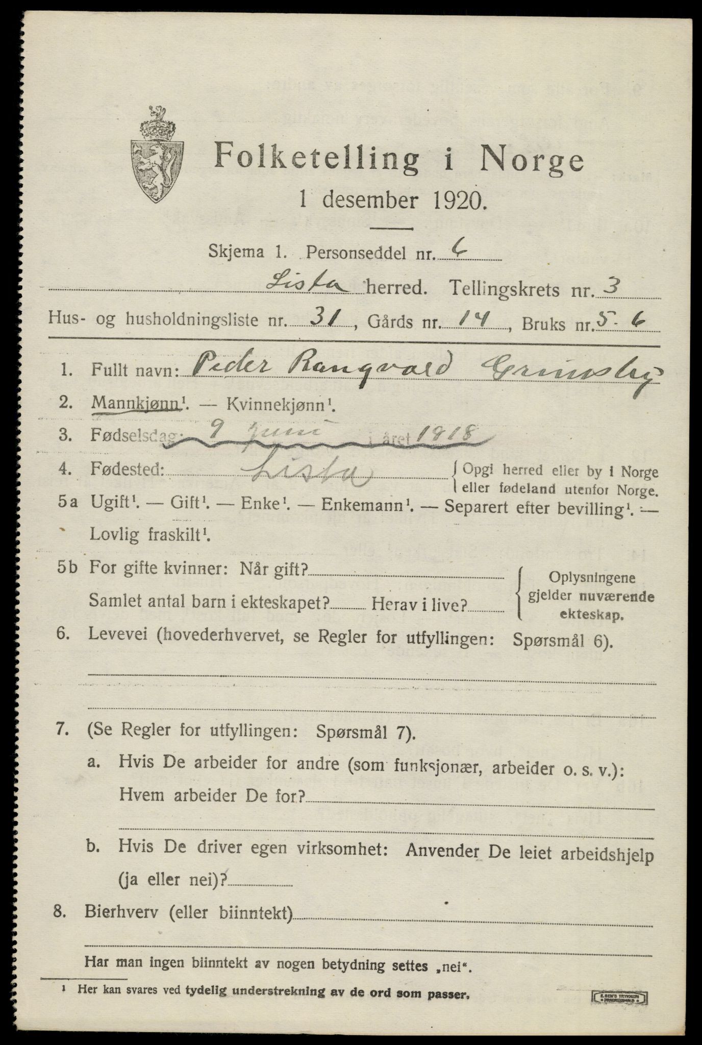 SAK, Folketelling 1920 for 1041 Lista herred, 1920, s. 4733
