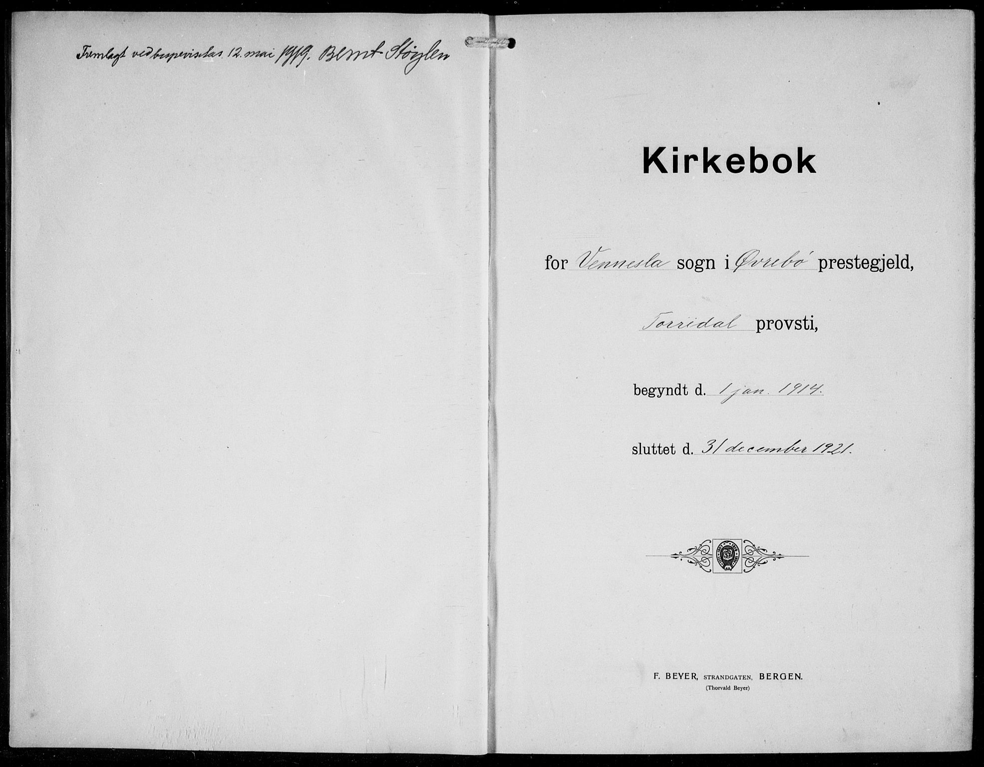 Vennesla sokneprestkontor, SAK/1111-0045/Fb/Fbb/L0006: Klokkerbok nr. B 6, 1914-1921