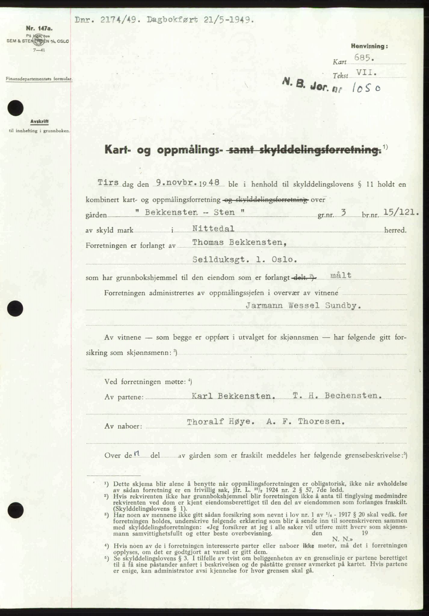 Nedre Romerike sorenskriveri, SAO/A-10469/G/Gb/Gbd/L0025: Pantebok nr. 25, 1949-1949, Dagboknr: 2174/1949