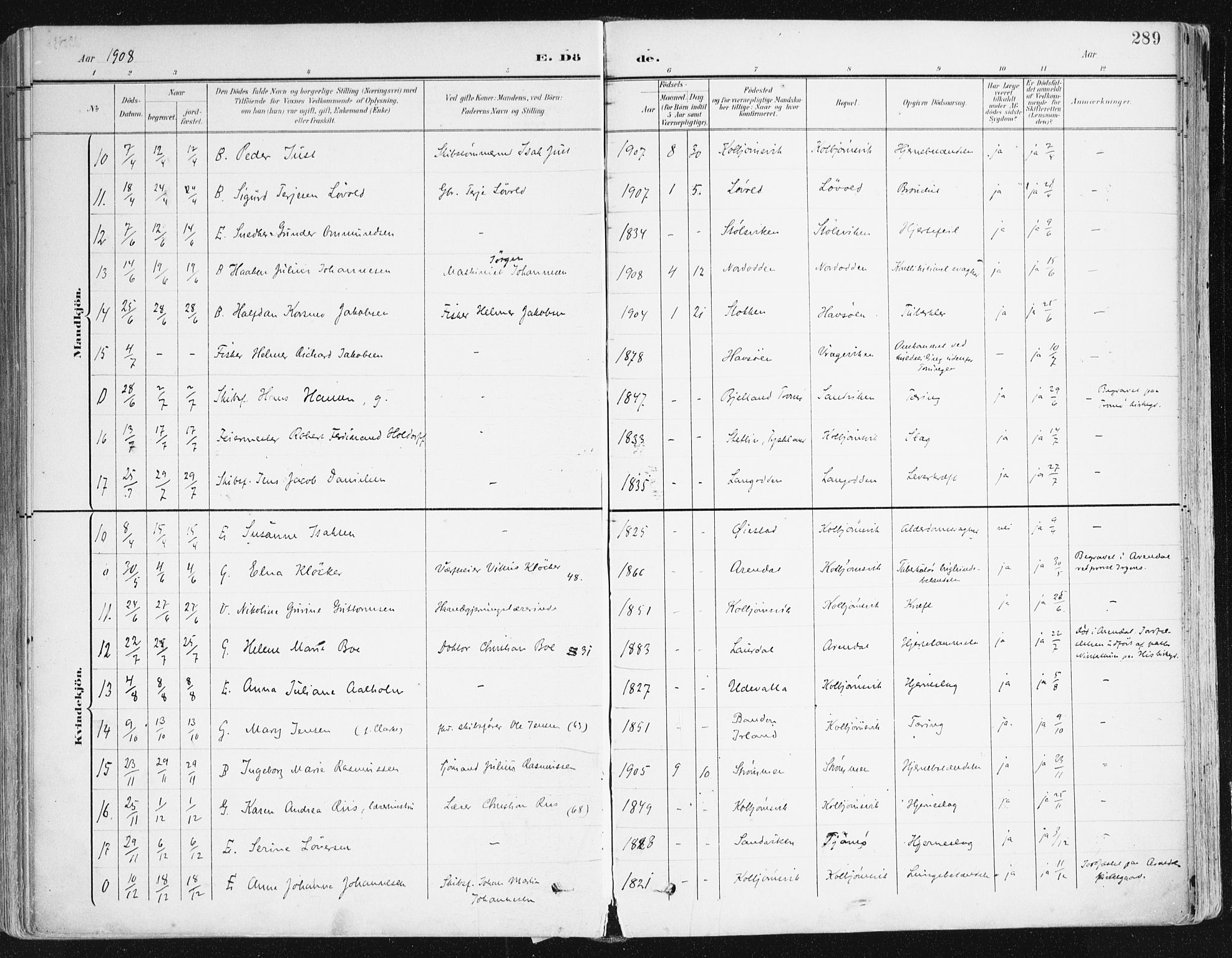 Hisøy sokneprestkontor, AV/SAK-1111-0020/F/Fa/L0004: Ministerialbok nr. A 4, 1895-1917, s. 289