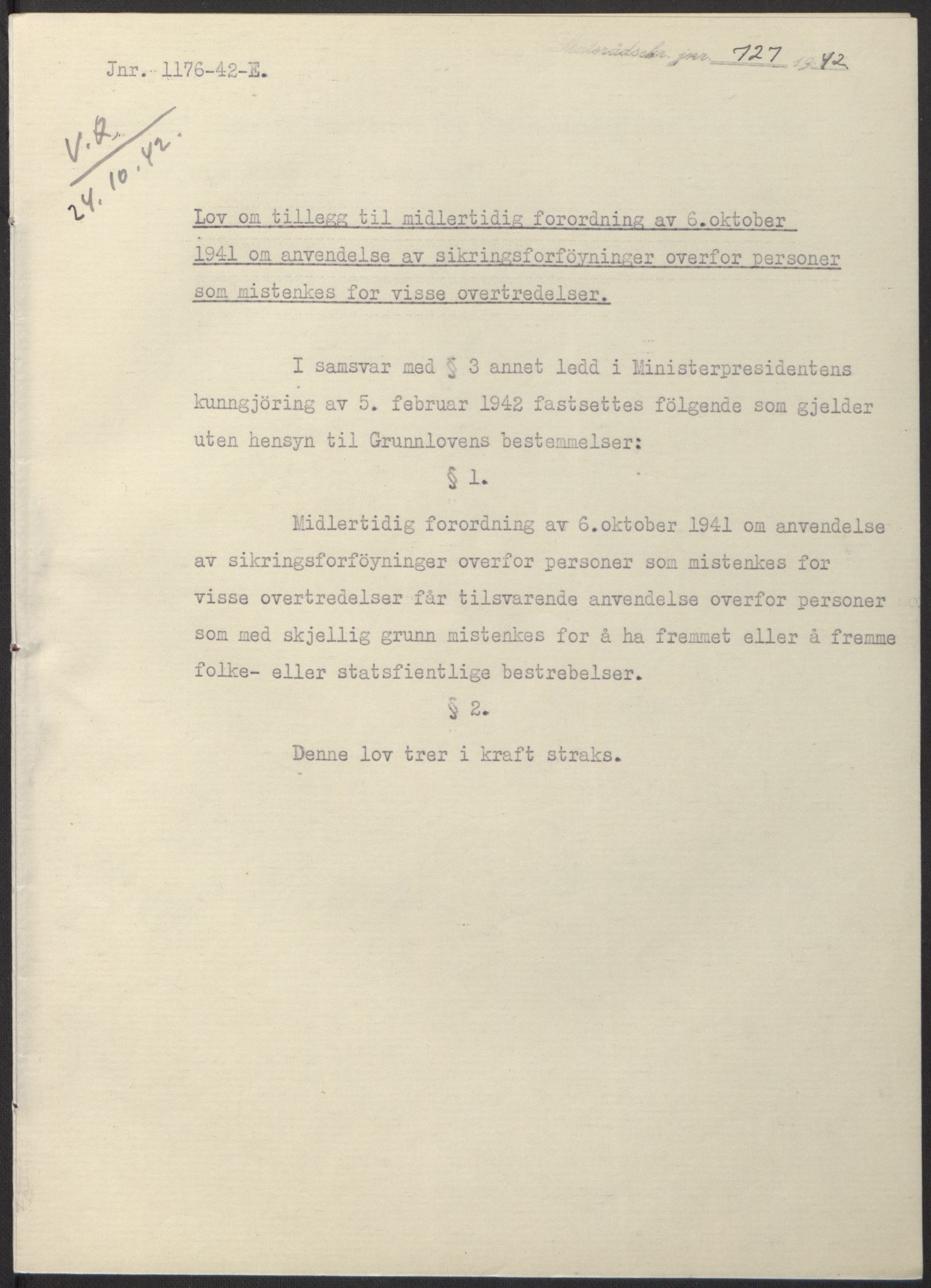 NS-administrasjonen 1940-1945 (Statsrådsekretariatet, de kommisariske statsråder mm), RA/S-4279/D/Db/L0098: Lover II, 1942, s. 450