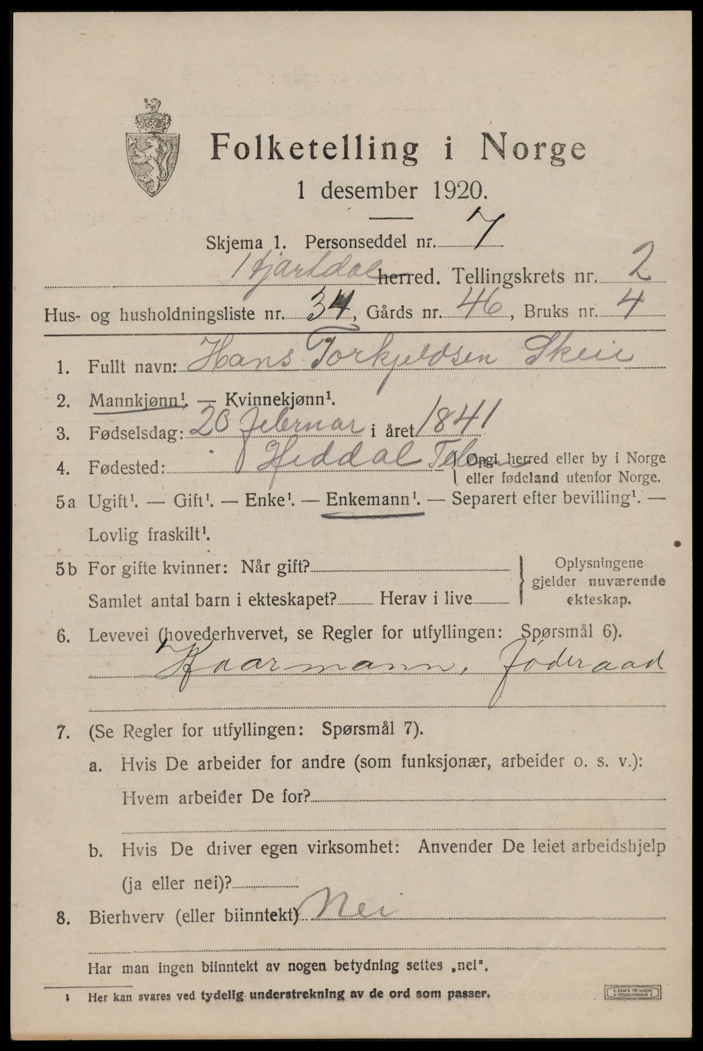 SAKO, Folketelling 1920 for 0827 Hjartdal herred, 1920, s. 2190