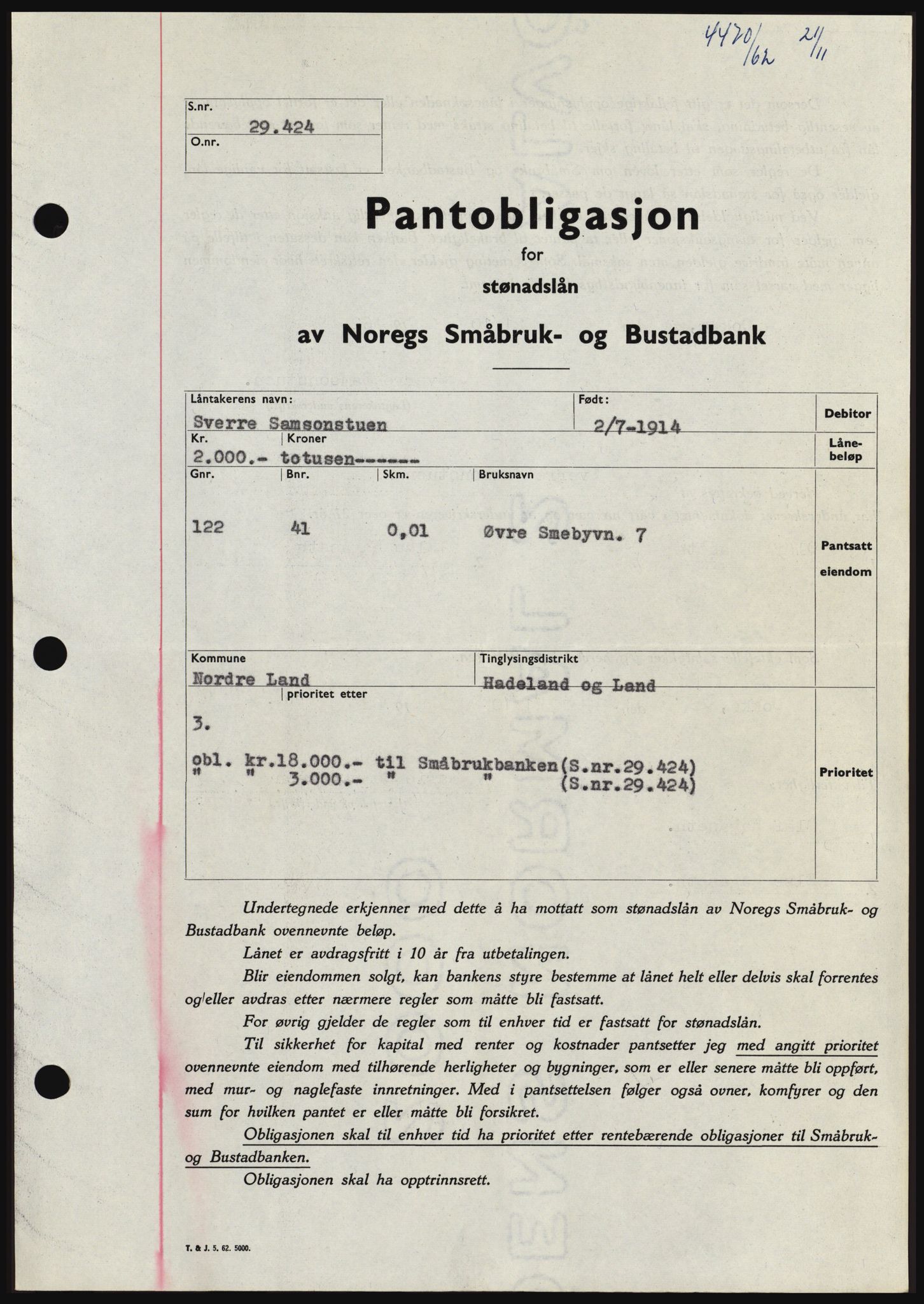 Hadeland og Land tingrett, SAH/TING-010/H/Hb/Hbc/L0050: Pantebok nr. B50, 1962-1963, Dagboknr: 4470/1962