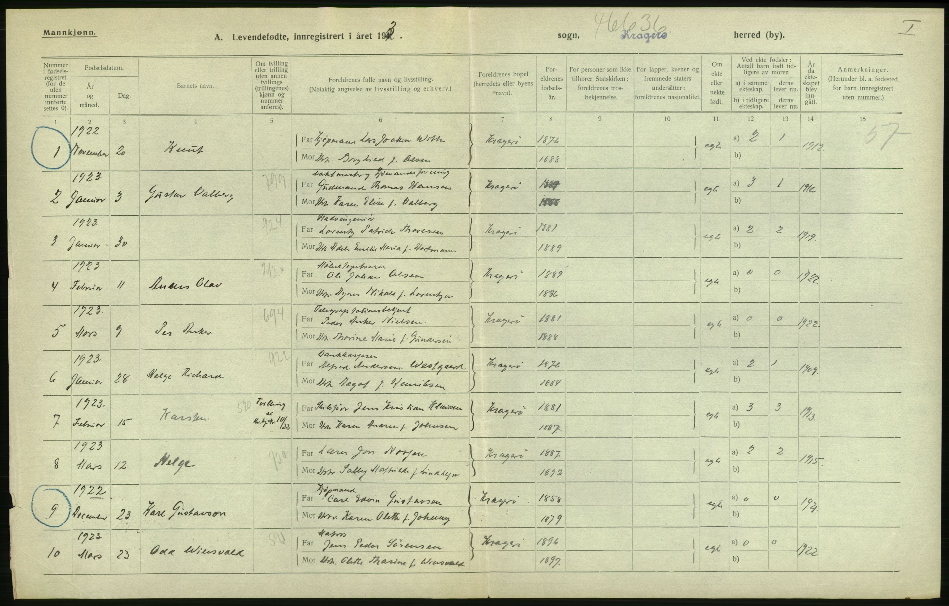 Statistisk sentralbyrå, Sosiodemografiske emner, Befolkning, RA/S-2228/D/Df/Dfc/Dfcc/L0019: Telemark fylke: Levendefødte menn og kvinner. Bygder og byer., 1923, s. 506