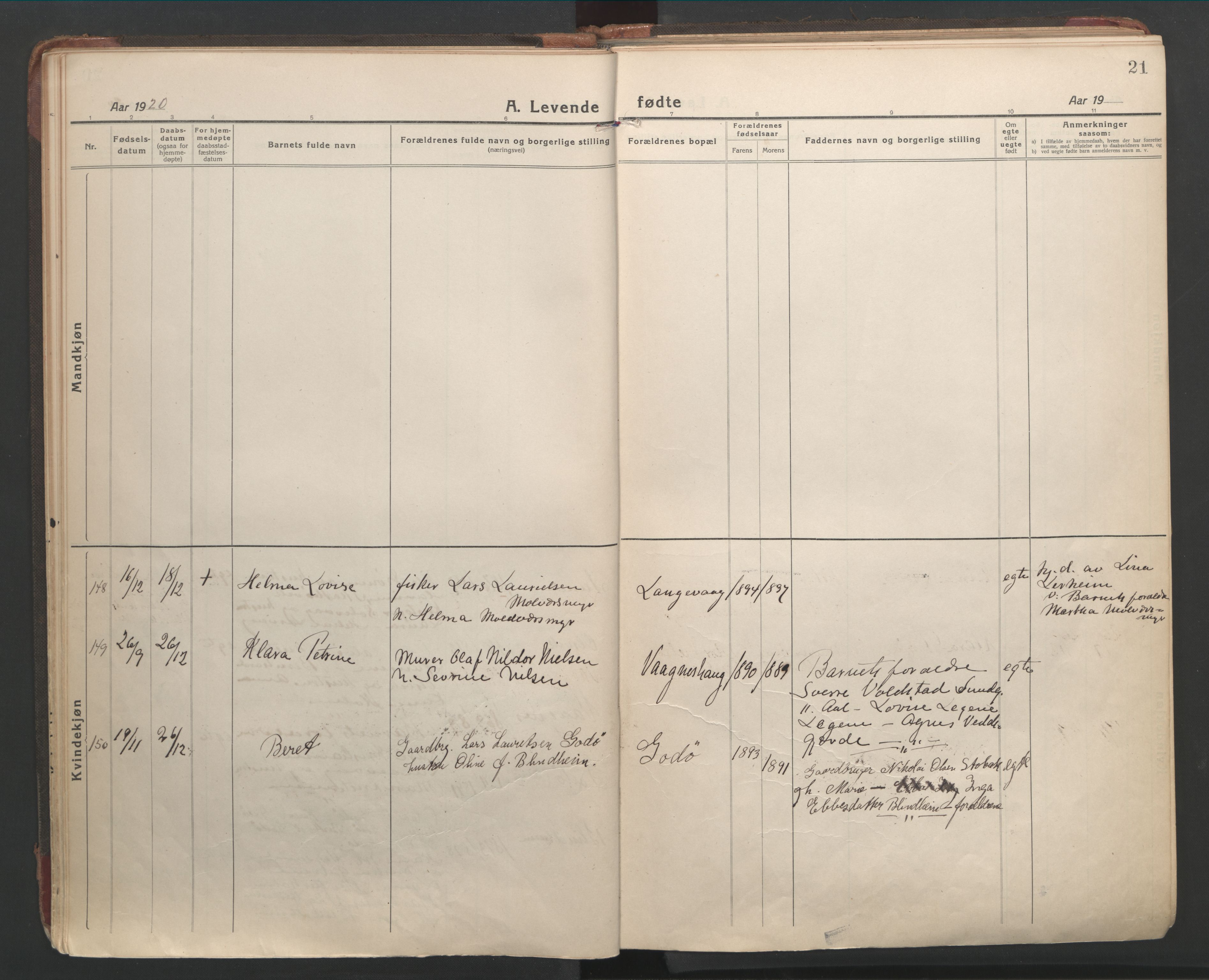 Ministerialprotokoller, klokkerbøker og fødselsregistre - Møre og Romsdal, AV/SAT-A-1454/528/L0412: Ministerialbok nr. 528A21, 1920-1926, s. 21