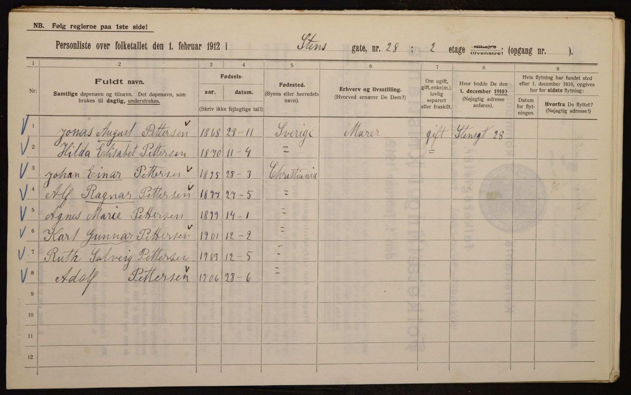 OBA, Kommunal folketelling 1.2.1912 for Kristiania, 1912, s. 101961