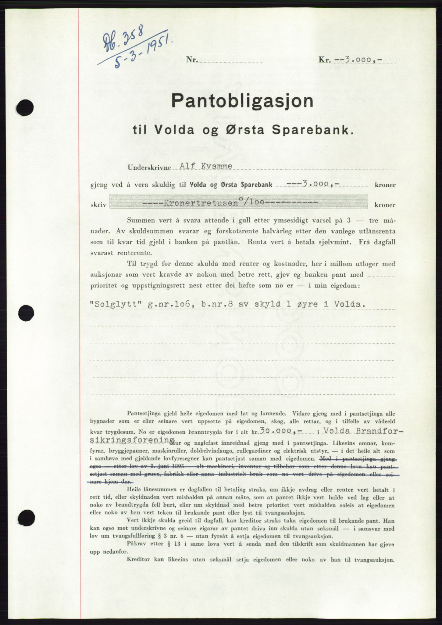 Søre Sunnmøre sorenskriveri, AV/SAT-A-4122/1/2/2C/L0119: Pantebok nr. 7B, 1950-1951, Dagboknr: 358/1951