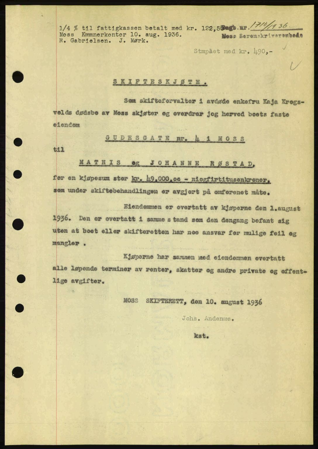 Moss sorenskriveri, SAO/A-10168: Pantebok nr. A1, 1936-1936, Dagboknr: 1710/1936