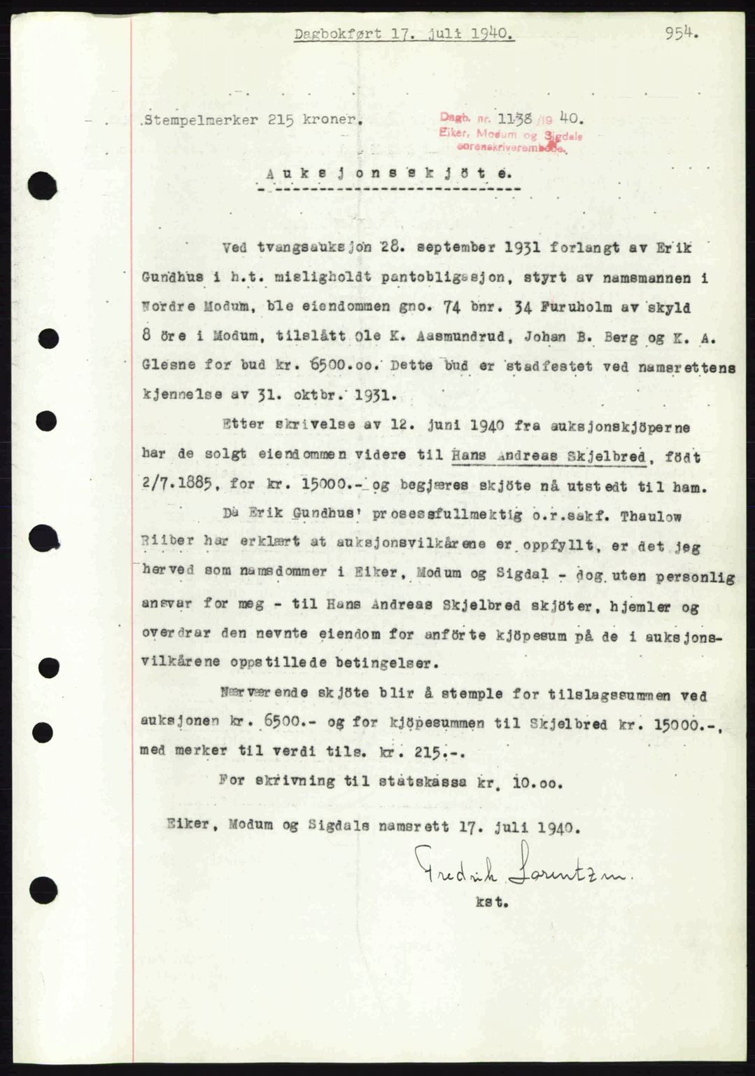 Eiker, Modum og Sigdal sorenskriveri, SAKO/A-123/G/Ga/Gab/L0041: Pantebok nr. A11, 1939-1940, Dagboknr: 1138/1940