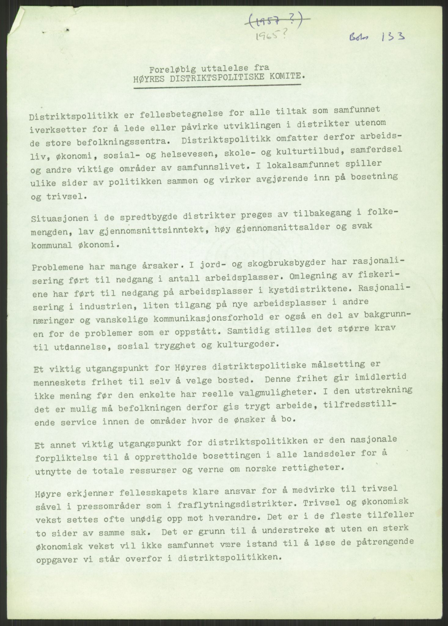 Høyres Hovedorganisasjon, AV/RA-PA-0583/1/D/Dd/L0131: 21 Stortinget/23 Statsministeren. Regjeringen, 1951-1965, s. 7