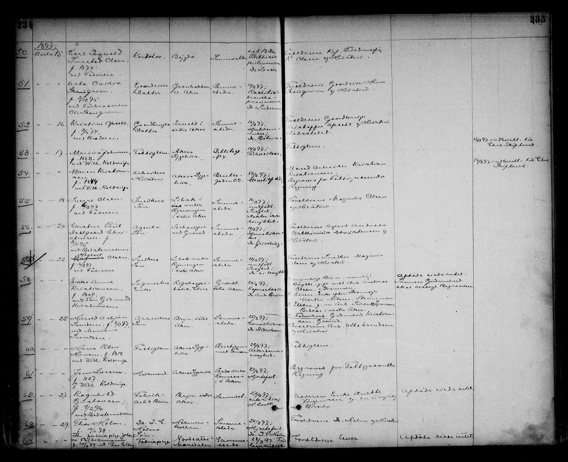 Aker sorenskriveri, AV/SAO-A-10895/H/Ha/Haa/L0007: Dødsanmeldelsesprotokoll, 1886-1901, s. 234-235