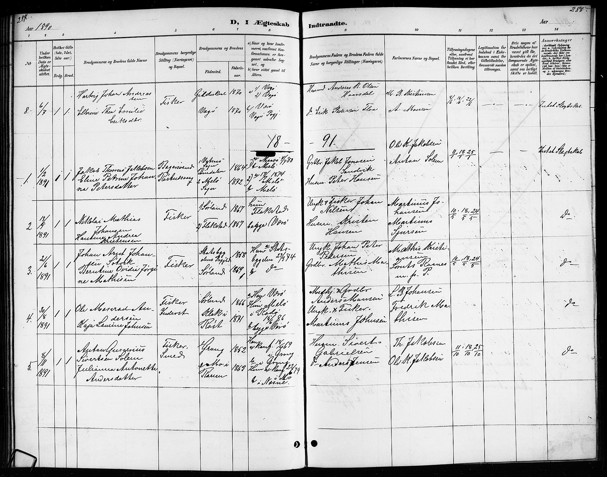 Ministerialprotokoller, klokkerbøker og fødselsregistre - Nordland, AV/SAT-A-1459/807/L0123: Klokkerbok nr. 807C01, 1884-1910, s. 284-285