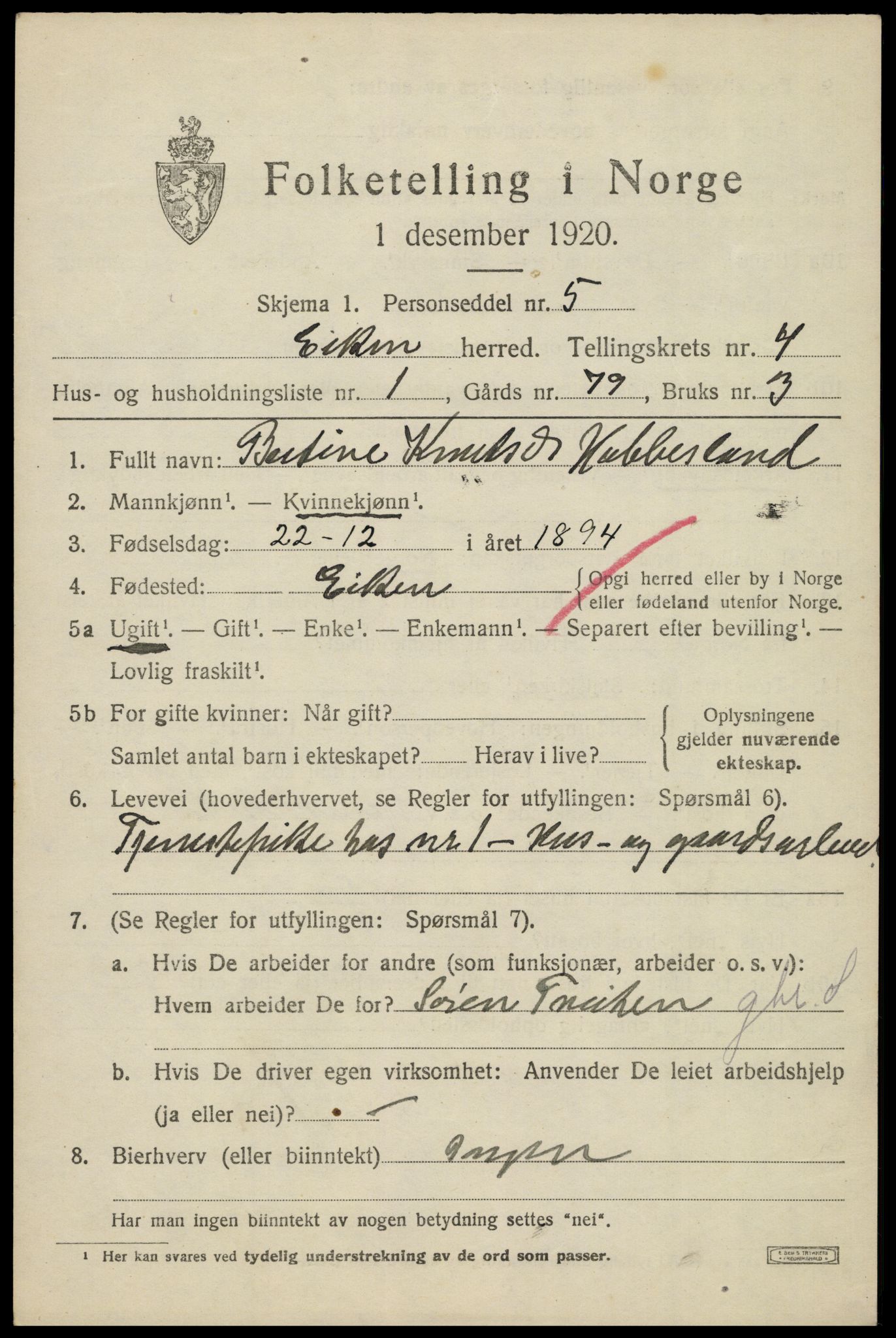 SAK, Folketelling 1920 for 1035 Eiken herred, 1920, s. 1281