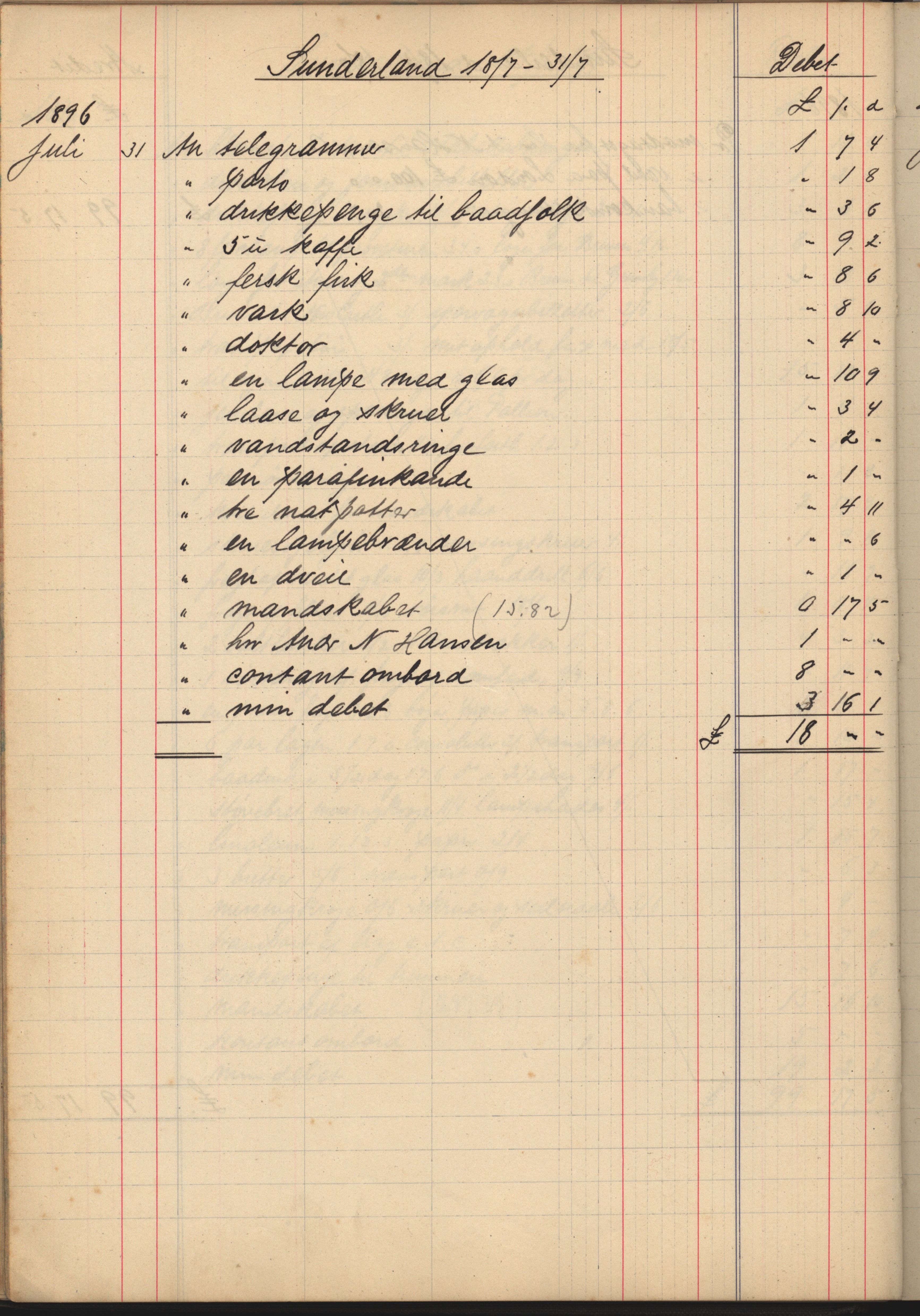 Pa 183 - Krogh-Hansen. Kaptein, VEMU/A-1235/R/L0002: Regnskapsbok for skipene St. Andrews, Norman Isles og Guernsey, 1894-1903